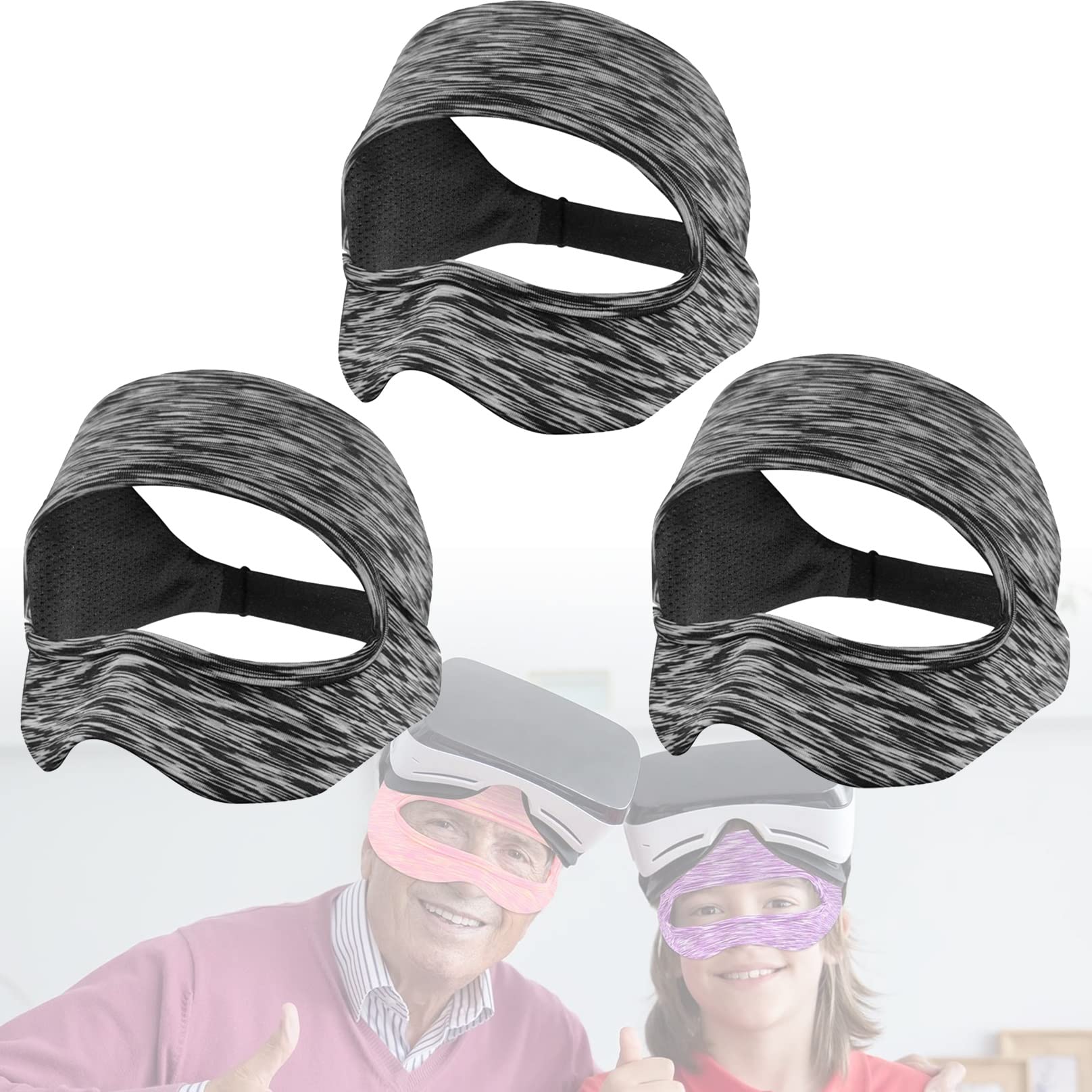 BiiKoon Adjustable Breathable VR Eye Mask & Sweat Band Face Cover for Virtual Reality Headsets - 3 Pack Gray - Comfortable for Adults & Kids - Perfect for Gaming, Fitness & VR Experiences