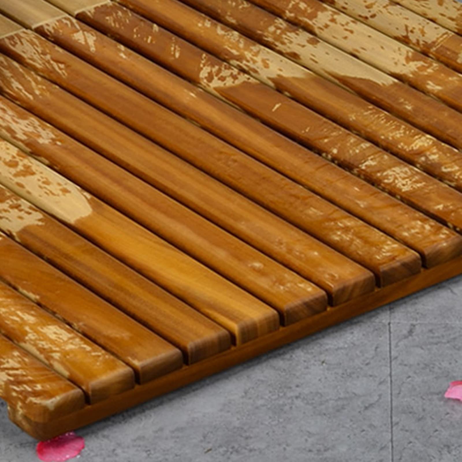 Non-Slip LSM Shower Bath Mat - Solid Wood Floor Mat with Slatted Design - Square Rectangle Elevated Wooden Doormat for Spa, Home, or Outdoor Use - Perfect for Bathroom, Shower, Poolside, and Entryway - Size: 50cm×60cm (19.7