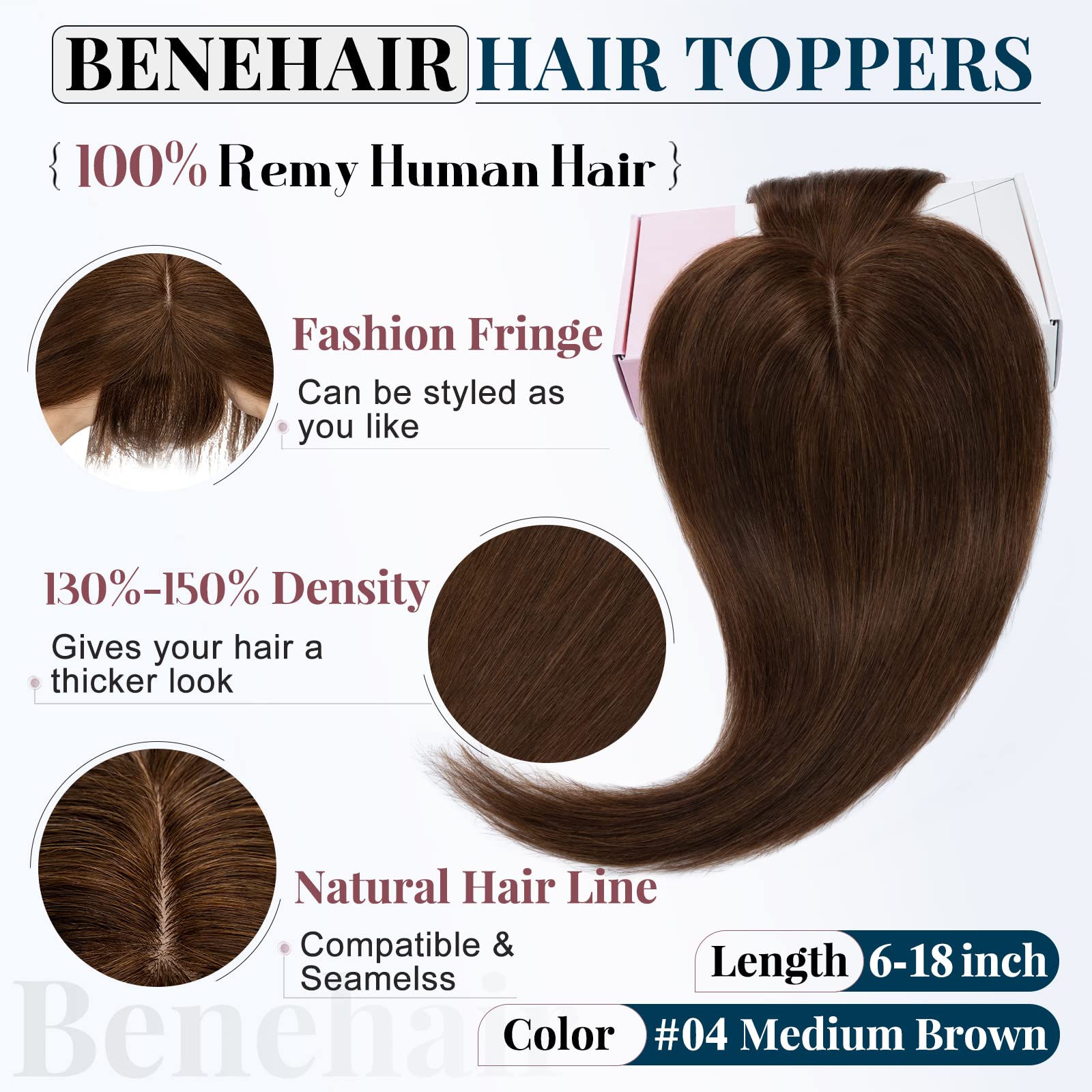 Benehair Clip-in Topper Hair Extension – 12 Inch Human Hair with Thin Bangs, Handmade Silk Base, Straight & Soft for Women with Hair Loss (Medium Brown #4) – Perfect for Daily Wear, Parties & Special Occasions