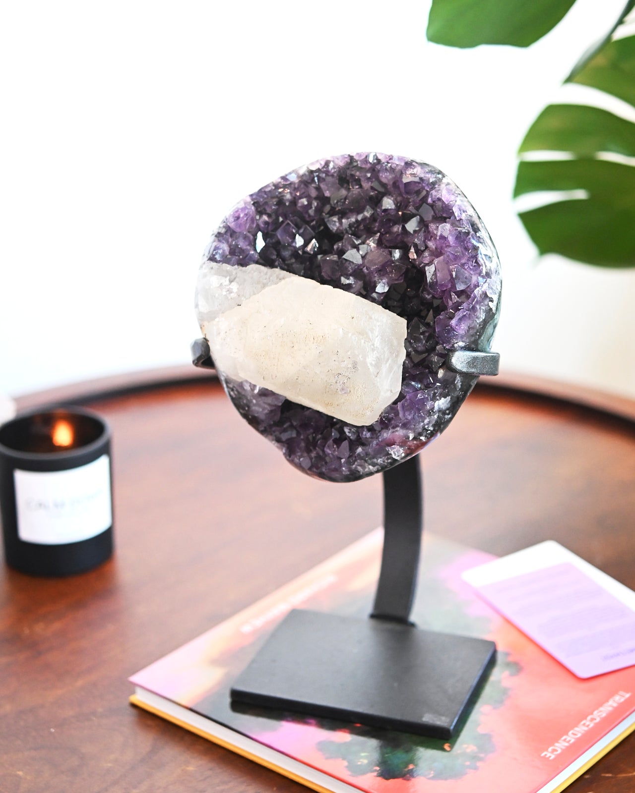 Natural Amethyst with Calcite Geode on Wooden Stand - 10lbs Large Healing Crystal for Home Decor, Meditation & Spiritual Gifts