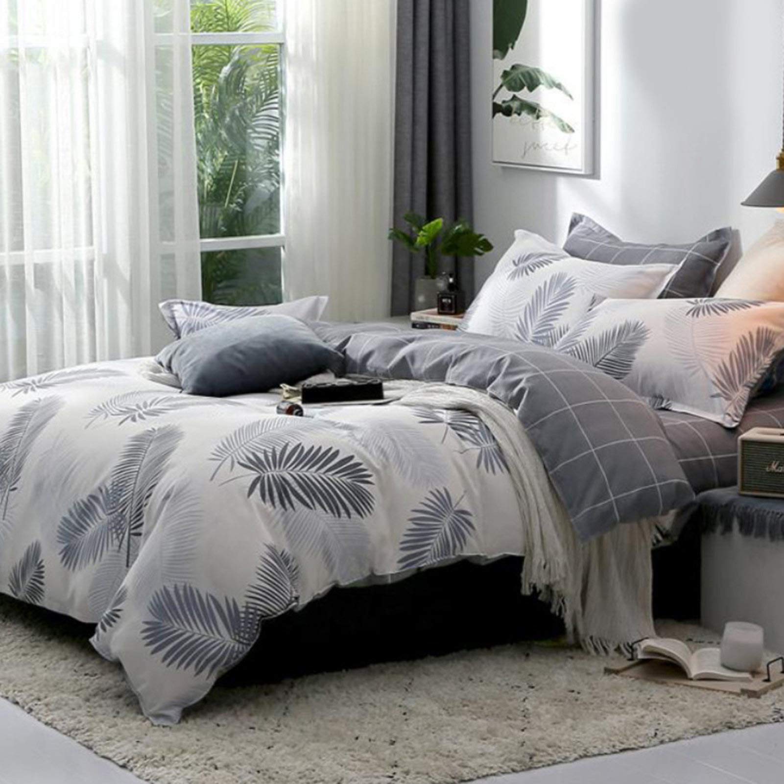 HASEAN 3-Piece Leaf Print Bedding Set - Soft Comfortable Sheet, Pillowcase & Quilt Cover - Cozy Home Textile for Master Bedroom, Guest Room & Dorm Decor