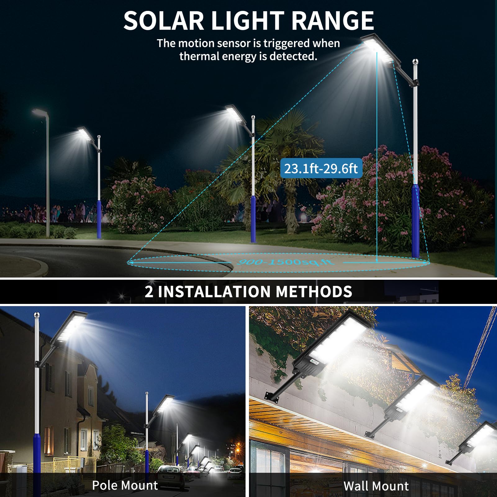 Viugreum 1000W Solar Street Lights Outdoor with Motion Sensor - 2 Pack 1080 LED 6000K IP65 Waterproof Solar Parking Lot Lights for Barn, Yard, Street, Driveway & Garden - Energy Efficient Solar Powered Security Lighting