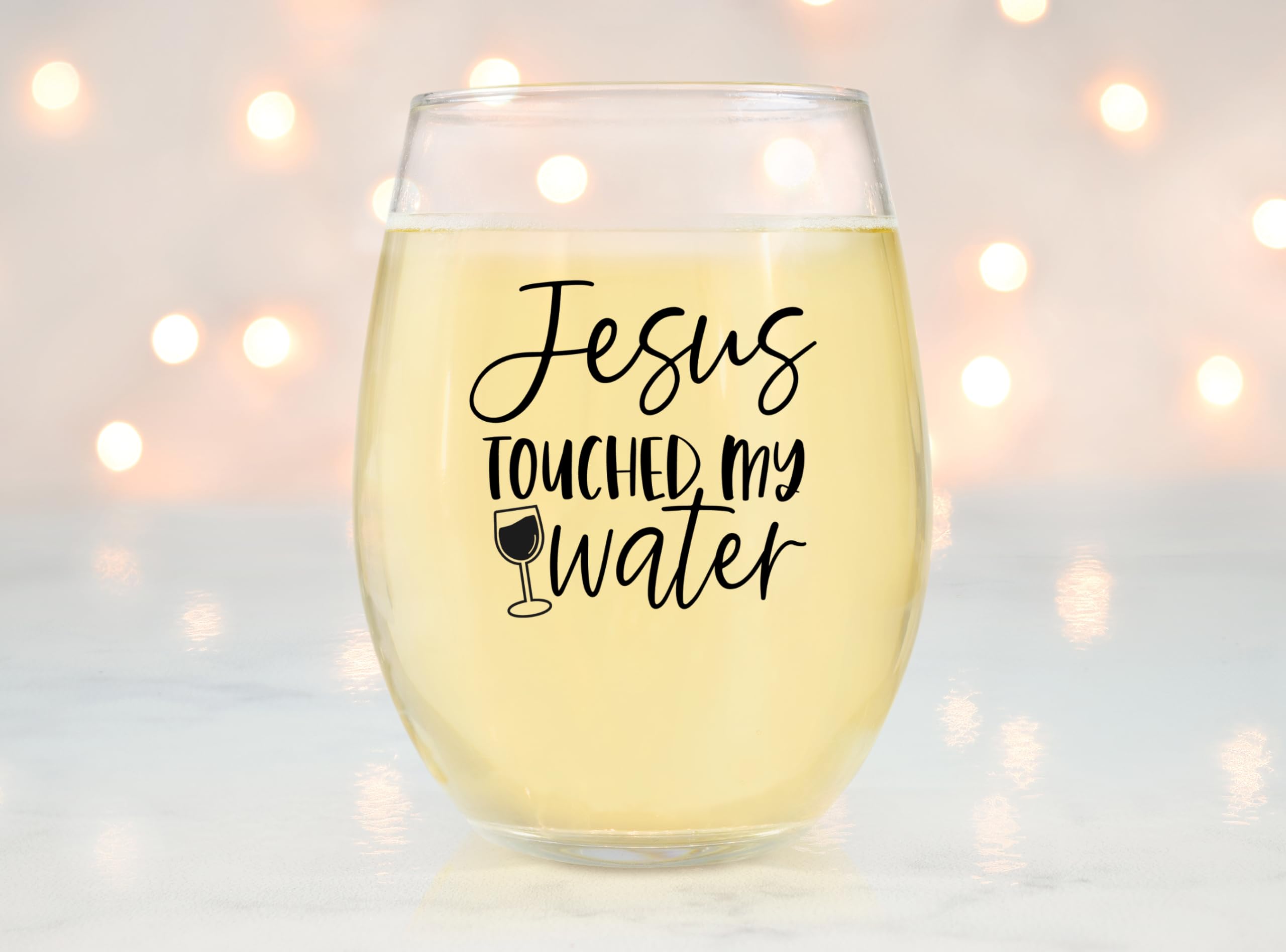 Jesus Touched My Water Funny Wine Glass - 15oz Christian Humor Tumbler, Durable Scratch-Resistant Stemless Wine Cup - Great Stocking Stuffer & Birthday Gift for Women - Printed in USA - Perfect for Bible Study Groups, Church Events & Christian Gift Exchanges