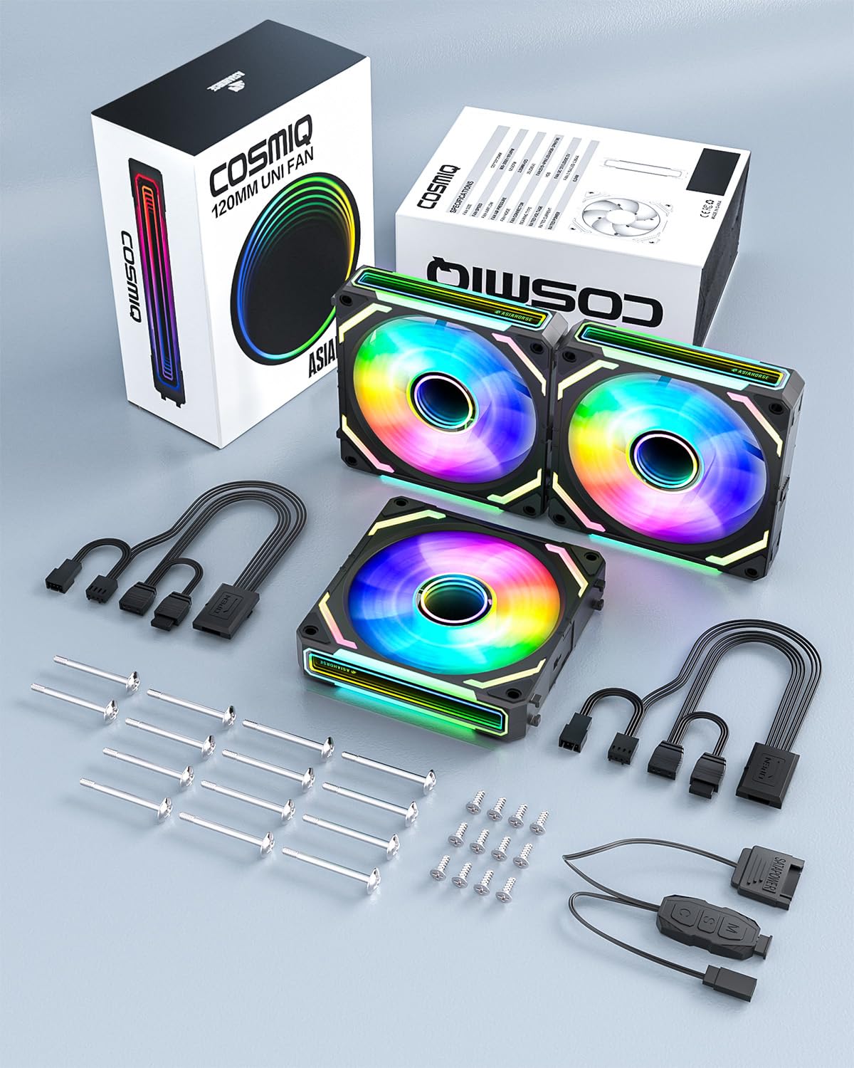 AsiaHorse COSMIQ 120mm RGB PC Case Fans - 5V 3-PIN ARGB PWM Daisy Chain Cooling Fans with Controller for Computer Cases, CPU Coolers & Liquid Cooling Systems (3-Pack, Black) - Perfect for Gaming PC Builds, Custom RGB Setups & High-Performance Cooling