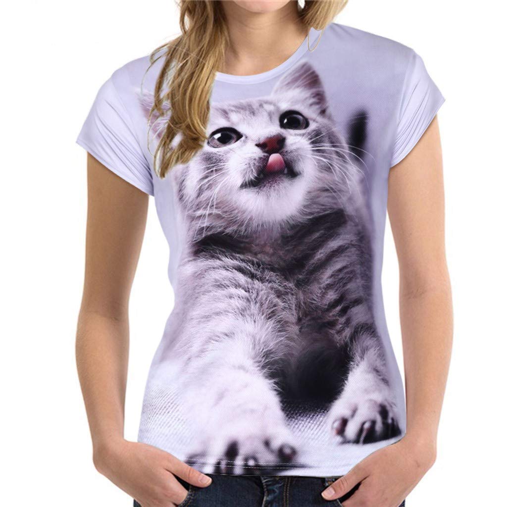 Vintage Cat Graphic T-Shirt for Women - Funny Animal Print Short Sleeve Blouse - Perfect Cat Lover Gift for Casual Wear & Everyday Outfits