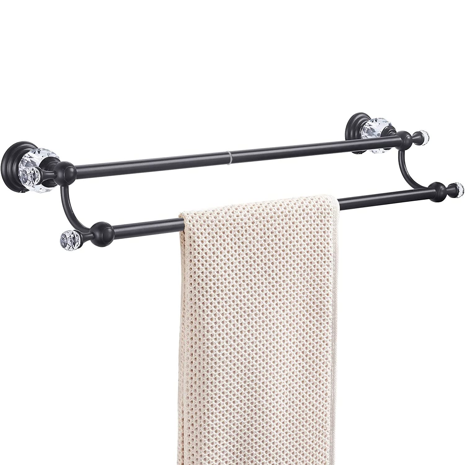WINCASE Adjustable Double Matte Black Towel Rack - Wall Mounted Bathroom Towel Holder & Hanger for Showers, Baths & Spa Decor (Crystal Design)
