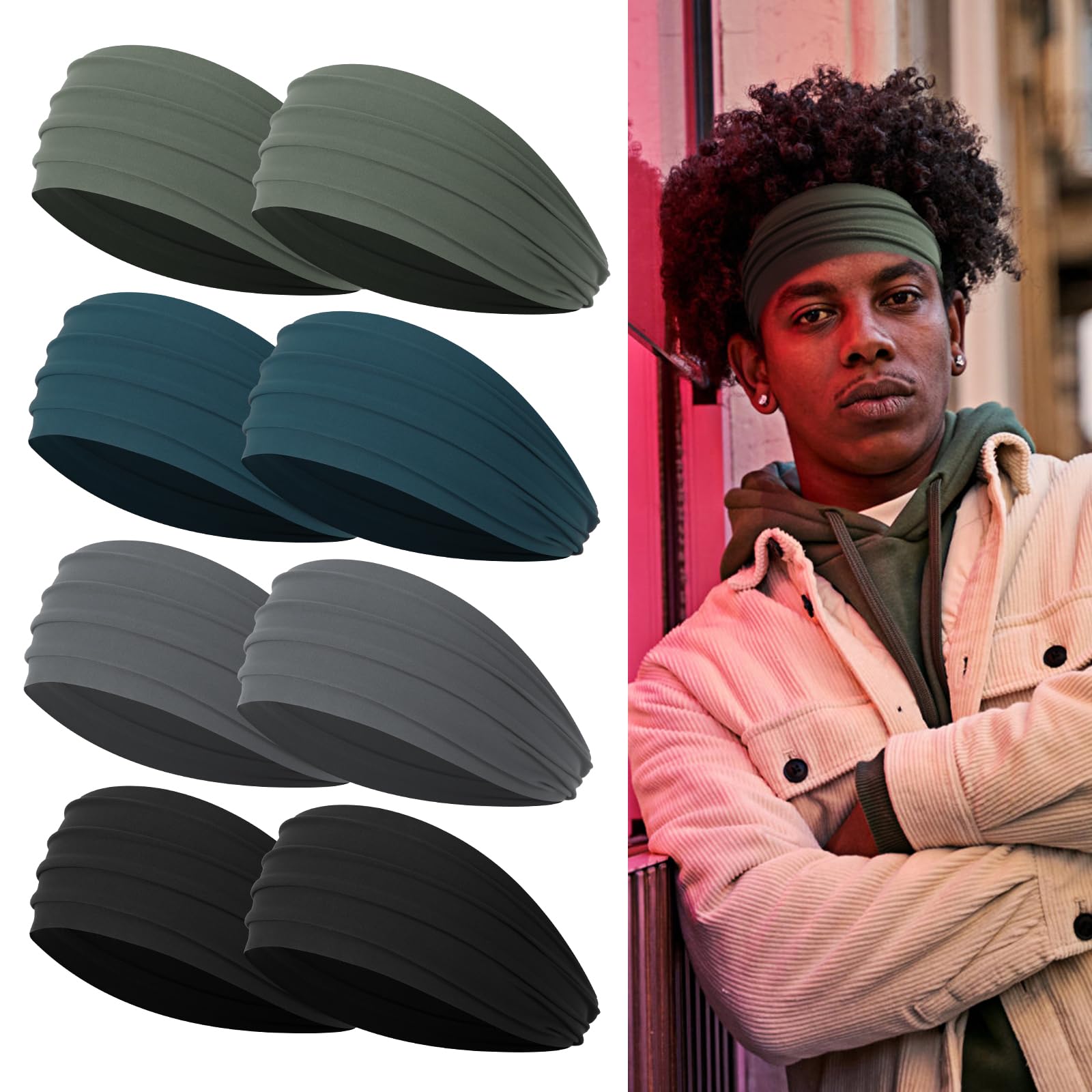 8-Pack Men's Wide Headbands - Athletic Sweatbands for Sports & Workouts - Breathable Hair Bands for Long Hair - Perfect for Running, Basketball, Tennis & Gym