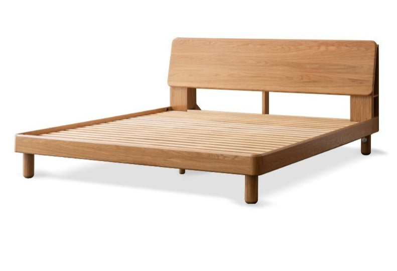 Solid Oak Wood Platform Bed with Bookshelf Headboard - Modern Bedroom Furniture for Small Spaces & Cozy Reading Nook
