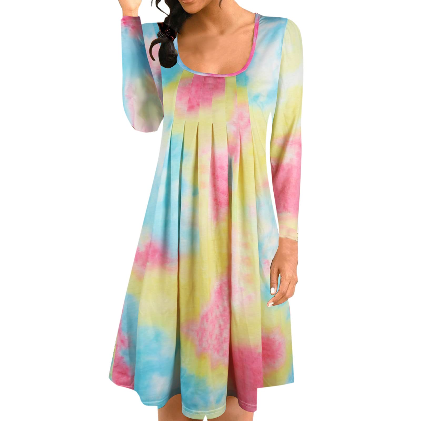 Women's Casual Floral Print Pleated Swing Dress - Short Sleeve O-Neck A-Line Midi Dress for Wedding Guest, Party, Date Night & Summer Outfits (Yellow)