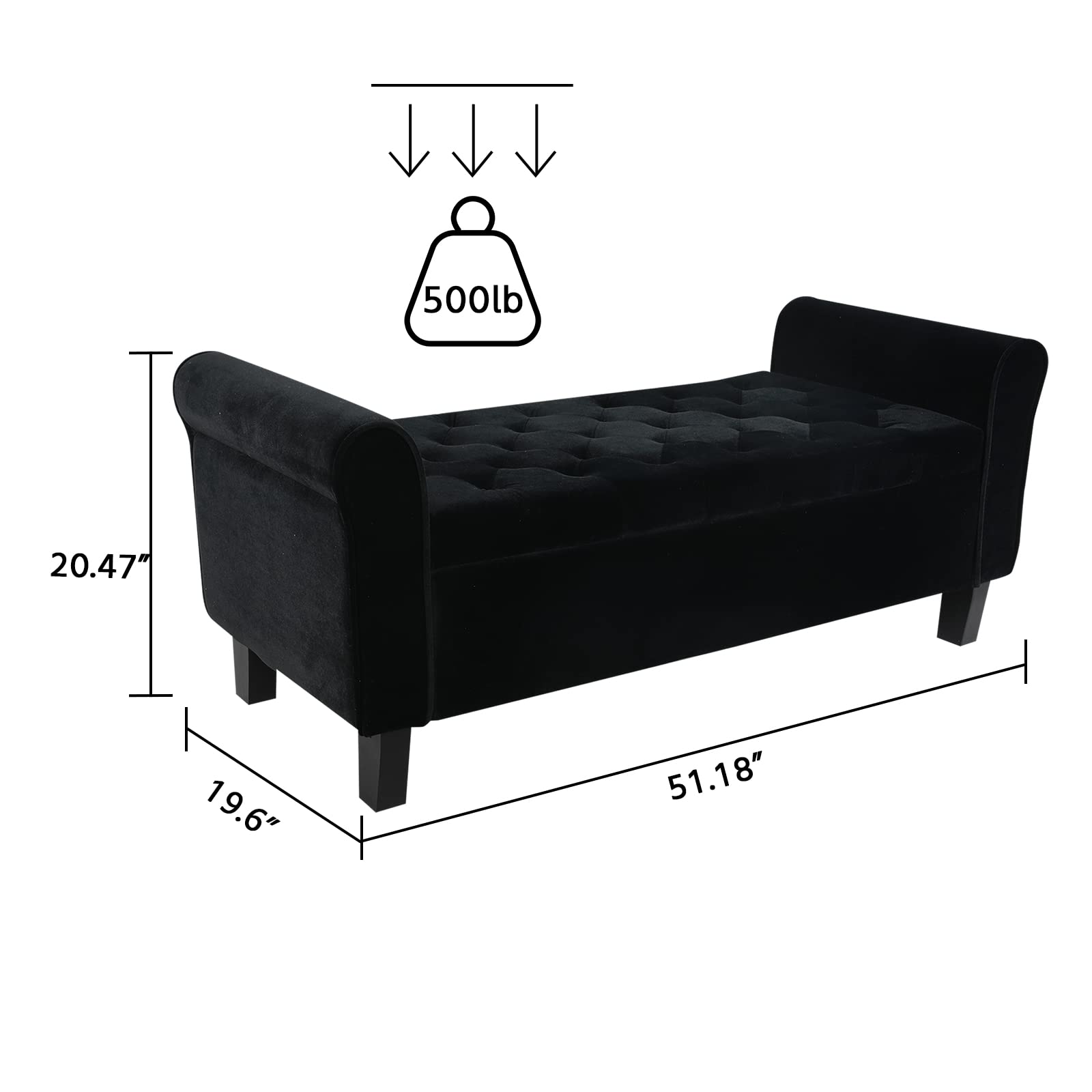 Velvet Storage Ottoman Bench with Arms - Black Button Tufted Footrest Seat for Bedroom, Entryway & Hallway | Multi-Functional Storage Bench for Living Room, Dorm & Home Decor (Black)