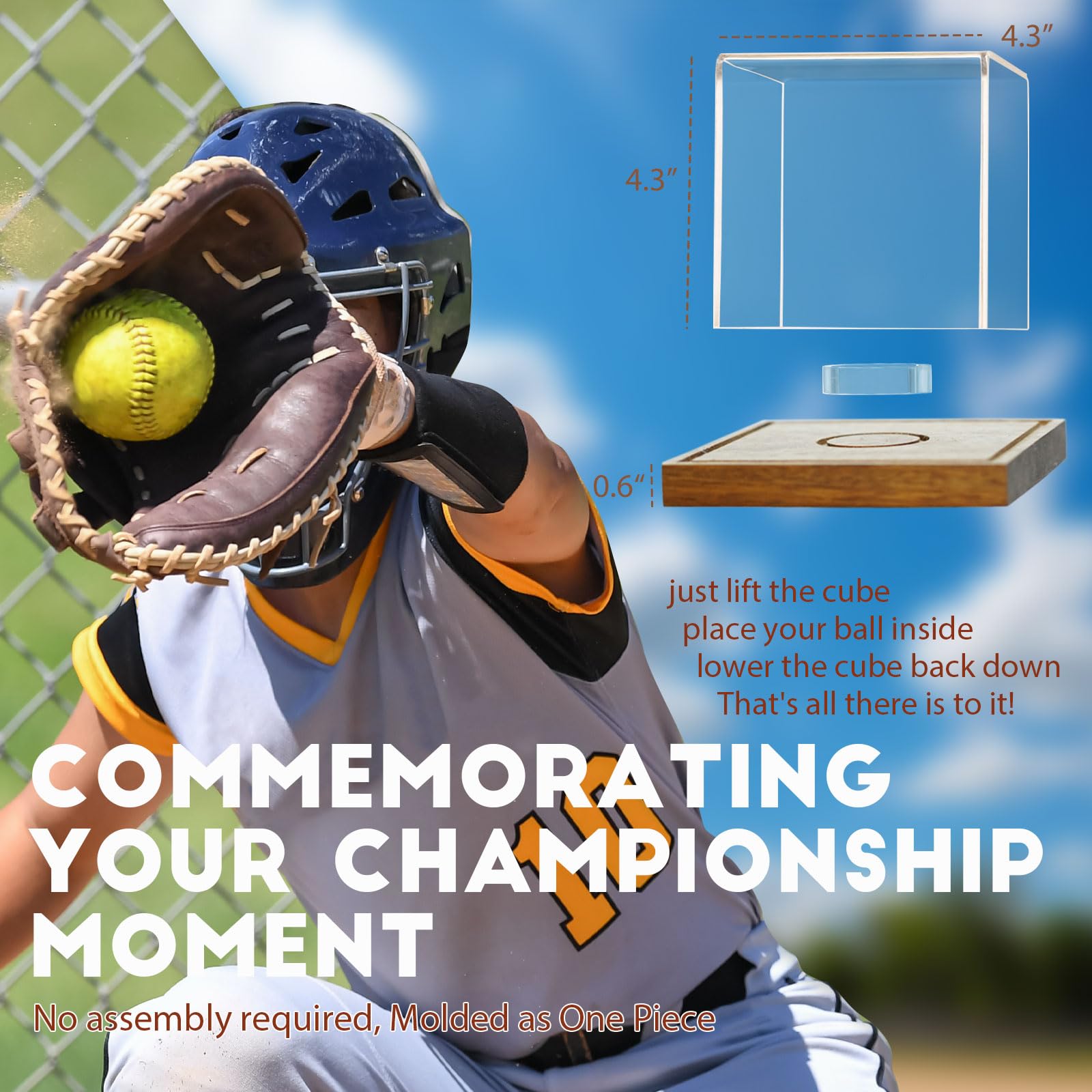 JupDec Clear Acrylic Softball Display Case with Wood Base - UV Protected Championship Ball Holder for Sports Memorabilia Collections - Perfect for Trophy Rooms, Man Caves, and Baseball Fan Gifts