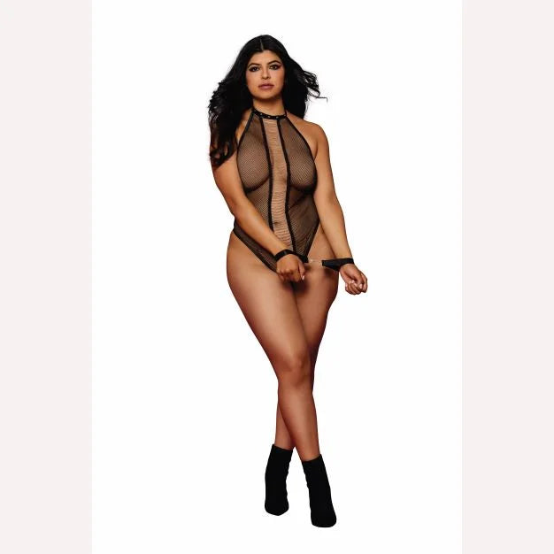 Sexy Black Halter Fishnet Teddy with Chains - Plus Size Lingerie for Date Night & Boudoir Photography