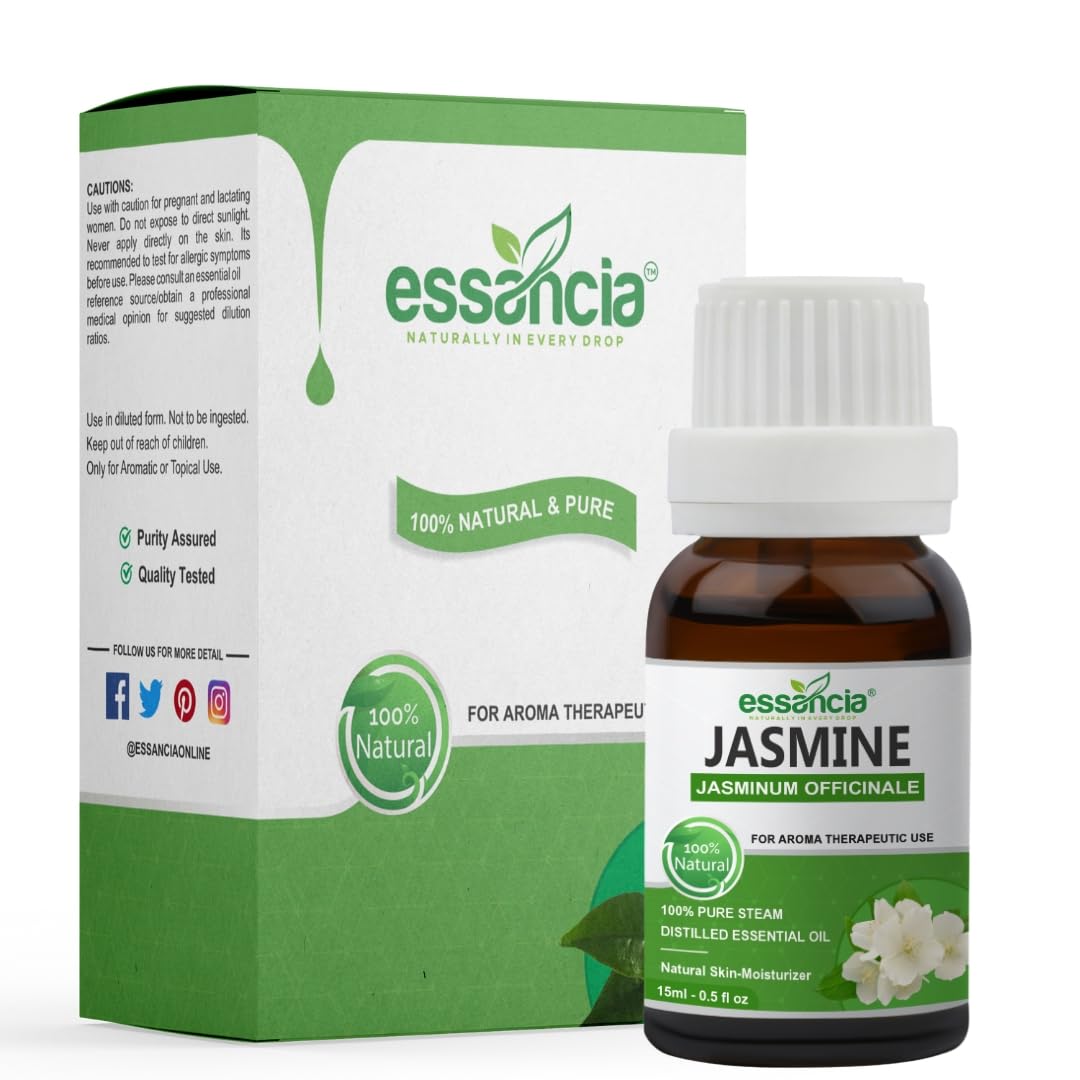 Essancia 100% Pure Jasmine Essential Oil - Natural Undiluted Therapeutic Grade for Relaxation, Skin Care & Aromatherapy (15ml) - Perfect for Diffusers, Massage & DIY Beauty Products