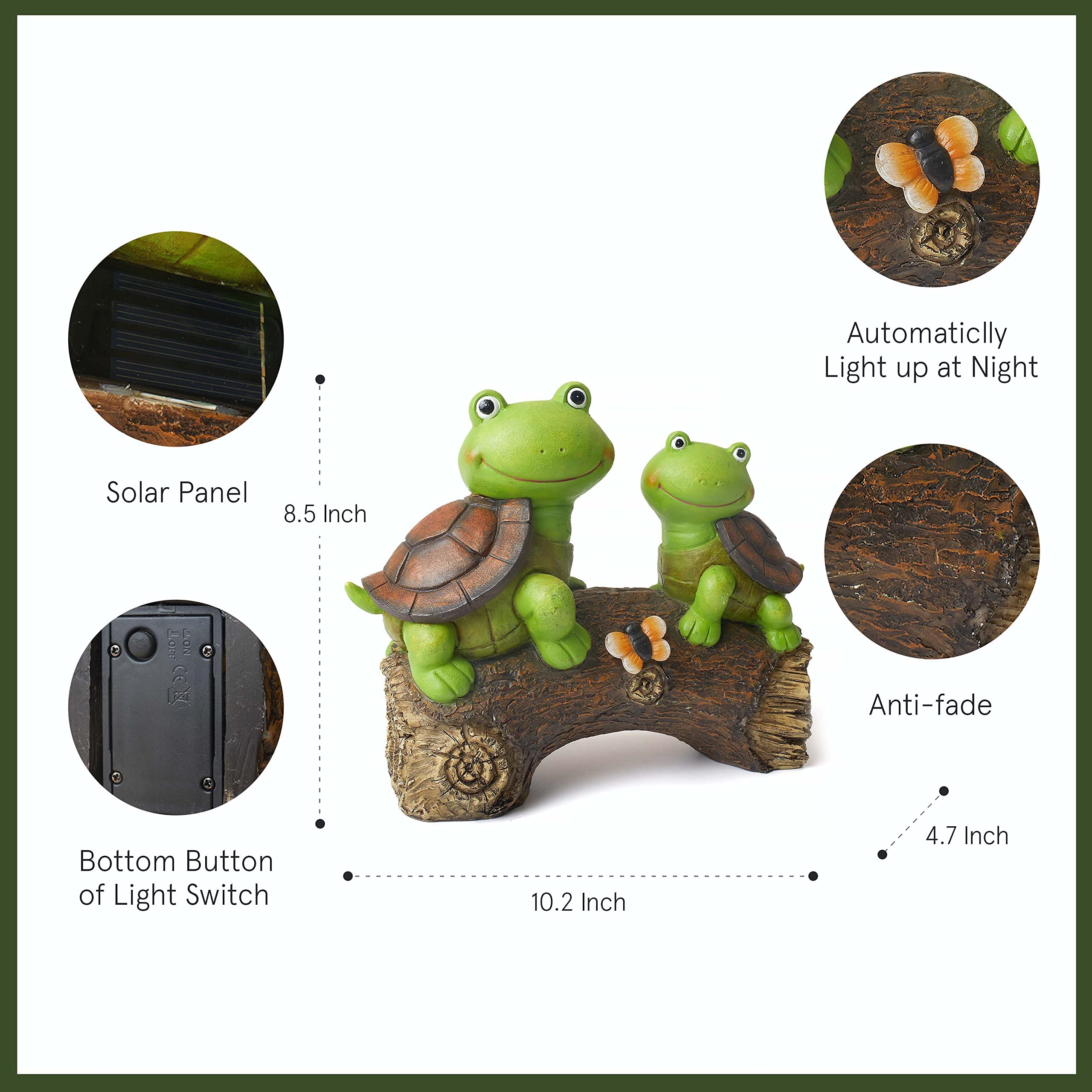 LA JOLIE MUSE 10 Inch Solar-Powered Garden Turtle Statue - Cute Frog-Faced Resin Turtle Figurine with LED Lights | Outdoor Lawn Decor, Fall Gnome Yard Ornaments & Thoughtful Gardening Gifts for Mom | Perfect for Patio, Backyard Decor & Mother's Day Presents