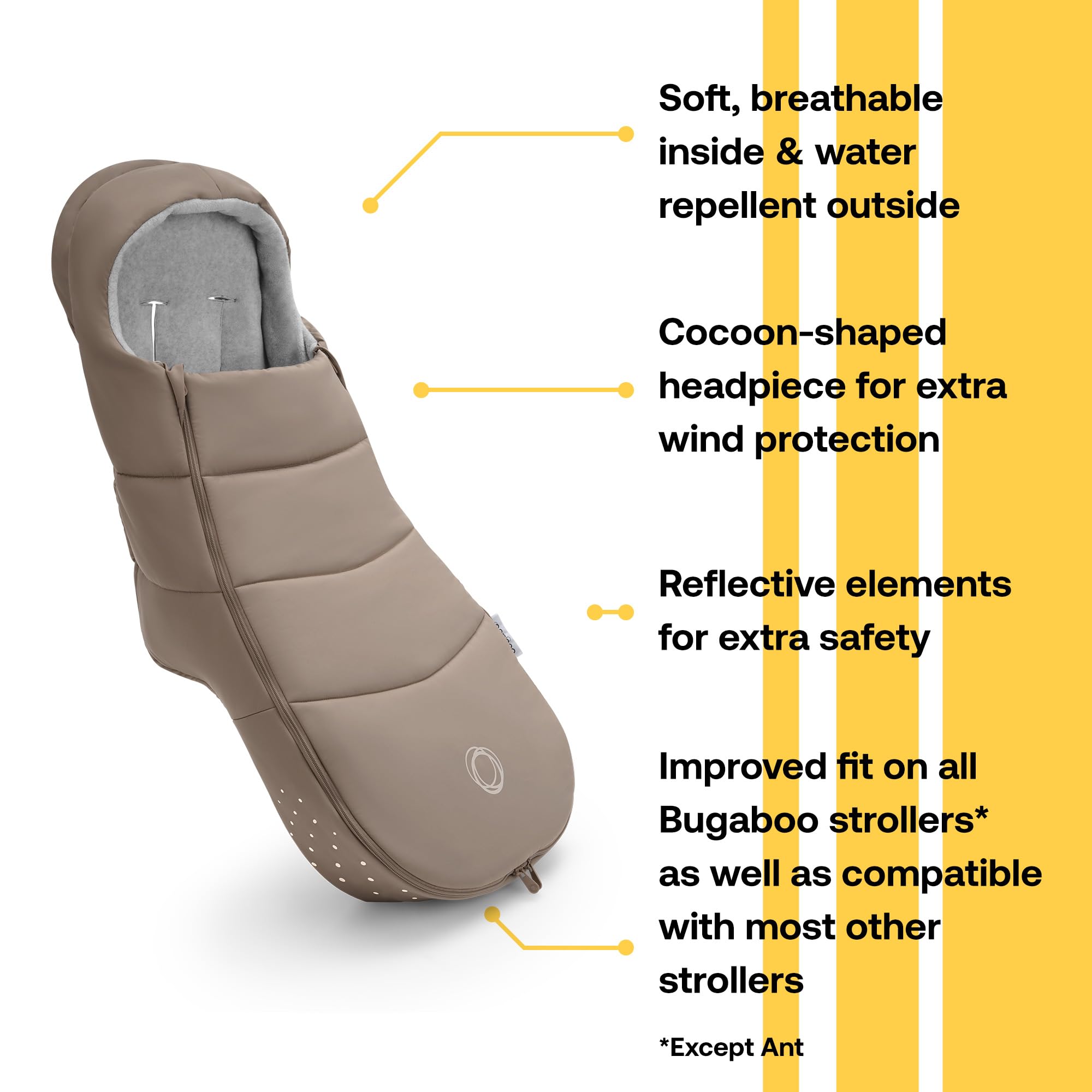 Bugaboo Footmuff - All-Season Weatherproof Stroller Accessory with Removable Climate Control & Reflective Trim (Dune Taupe) | Perfect for Baby Stroller Comfort in Winter, Summer & Rainy Days