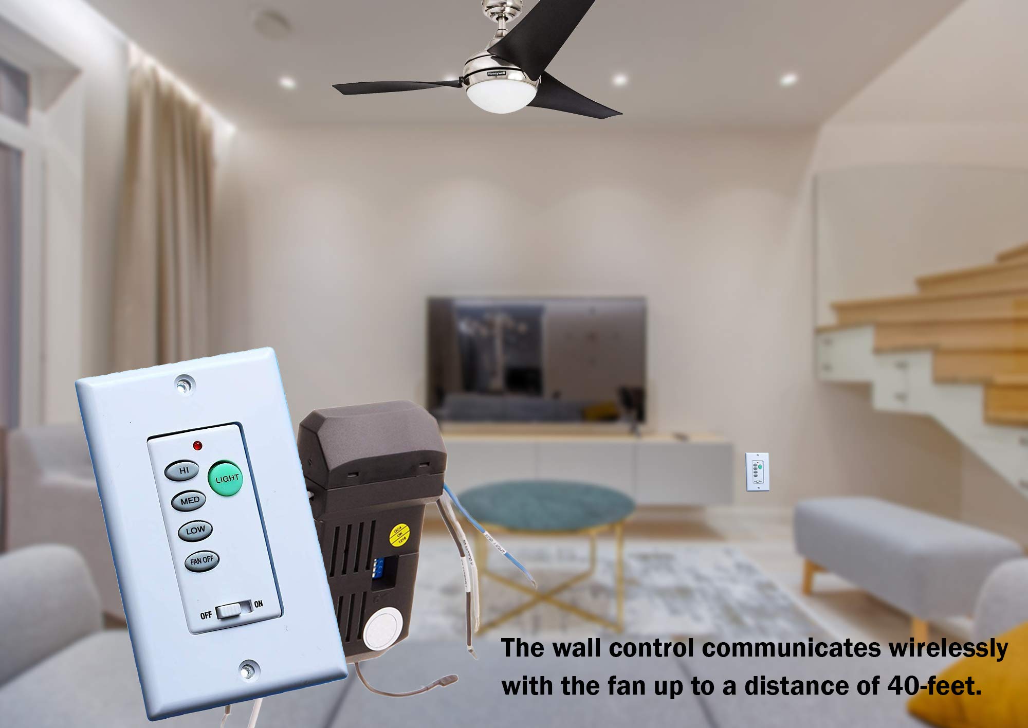 Dysmio Ceiling Fan and Light Wall Control Kit - Adjustable Speed & Dimmer Remote for Quiet Bedroom, Living Room, or Office Use