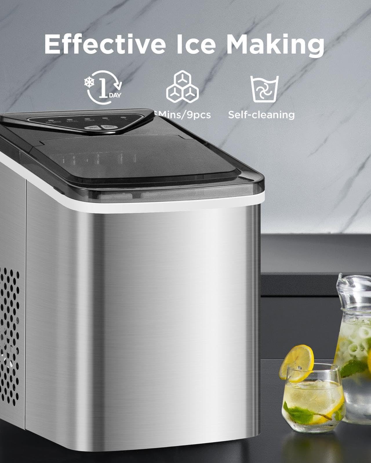 Totnz Countertop Ice Maker Machine - 26lbs in 24Hrs, 9 Ice Cubes Ready in 6 Mins, Auto-Cleaning Portable Ice Maker with Basket and Scoop, Stainless Steel for Home, Kitchen, Office, Party, and Outdoor Use