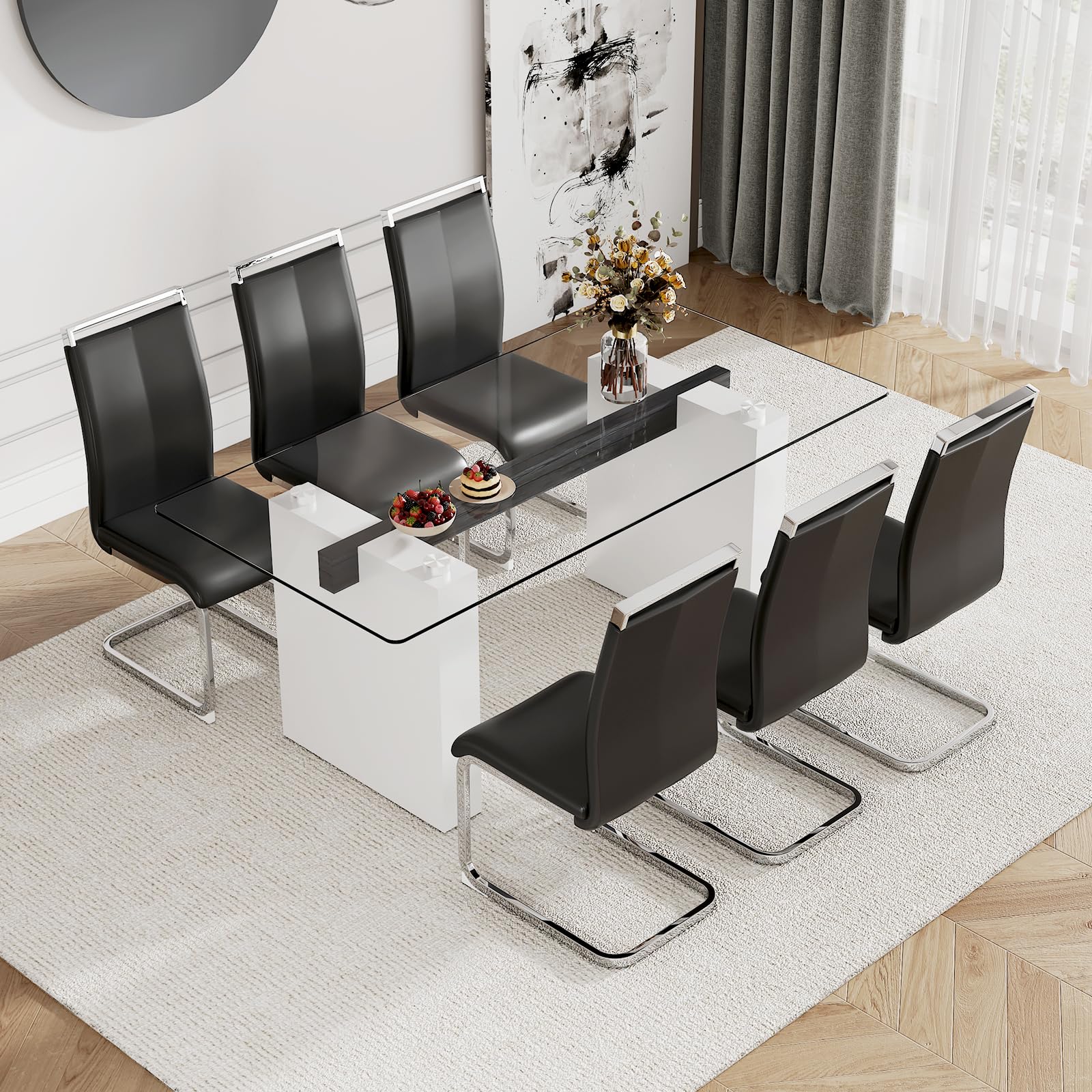 **FURNITO 71-inch Modern White Dining Table Set for 6 with PU Leather Chairs - Kitchen & Dining Room Furniture - Easy Assembly for Home & Entertaining**