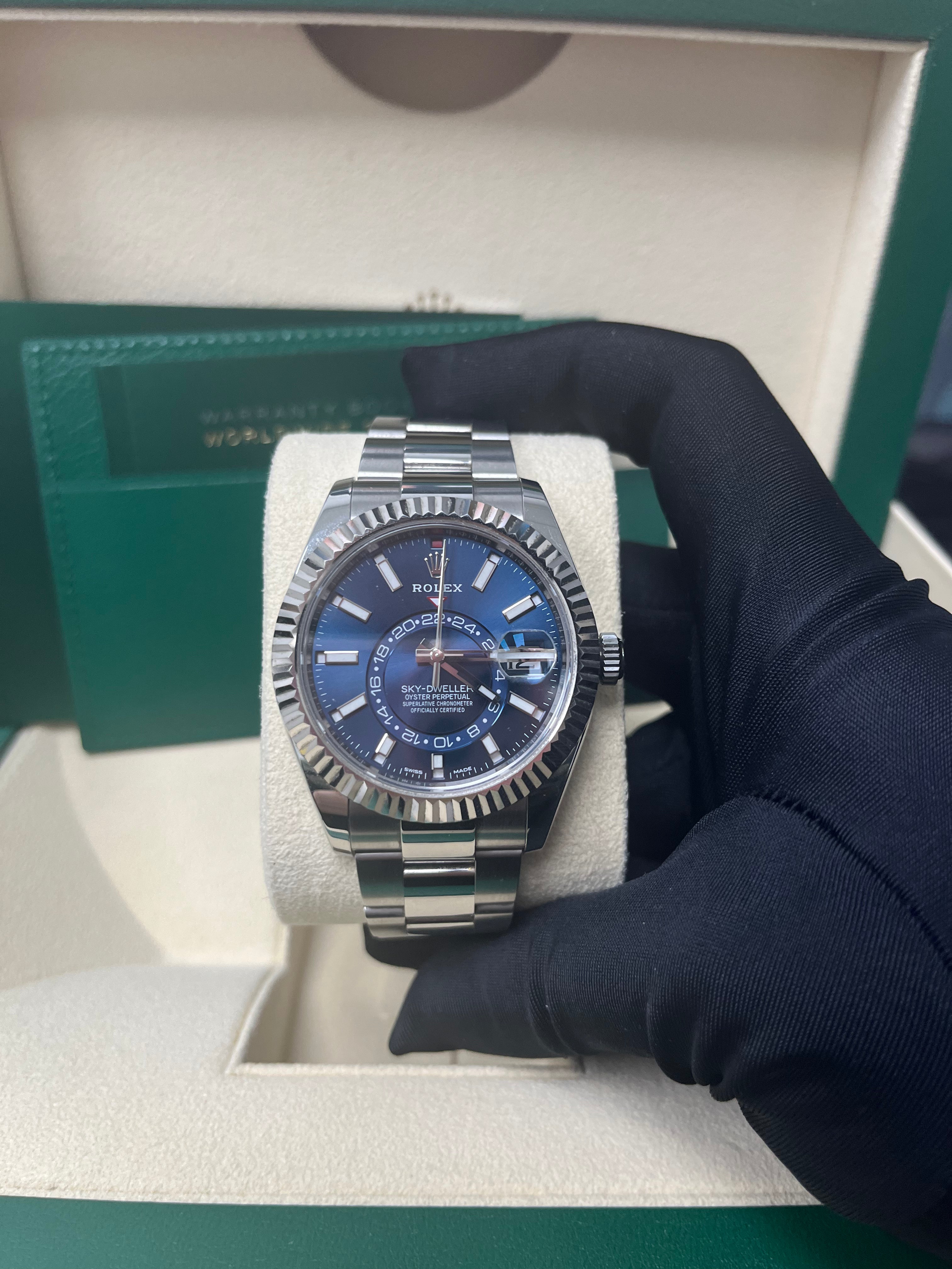 Rolex Sky-Dweller White Rolesor Blue Index Dial Oyster Bracelet Ref 326934 - Luxury Automatic Watch for Travel & Business Professionals