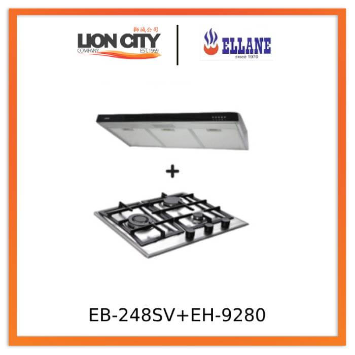 Ellane 60cm/90cm Slimline Range Hood with Black Panel EH 9280 + Ellane EB 248SV 3 Burner Stainless Steel Gas Cooktop - Perfect for Modern Kitchen Ventilation and Cooking