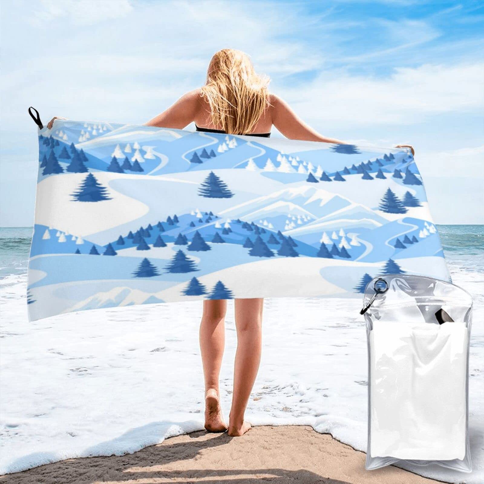 **Quick Dry Microfiber Beach Towel with Pocket - Lightweight, Sand-Free, Super Absorbent for Travel, Pool, Gym & Swimming - Perfect Gift for Men & Women (Snowy Mountains Landscape Design)**    *(Use Cases: Beach trips, swimming pool, gym workouts, yoga, camping, travel, outdoor sports, and vacations.)*