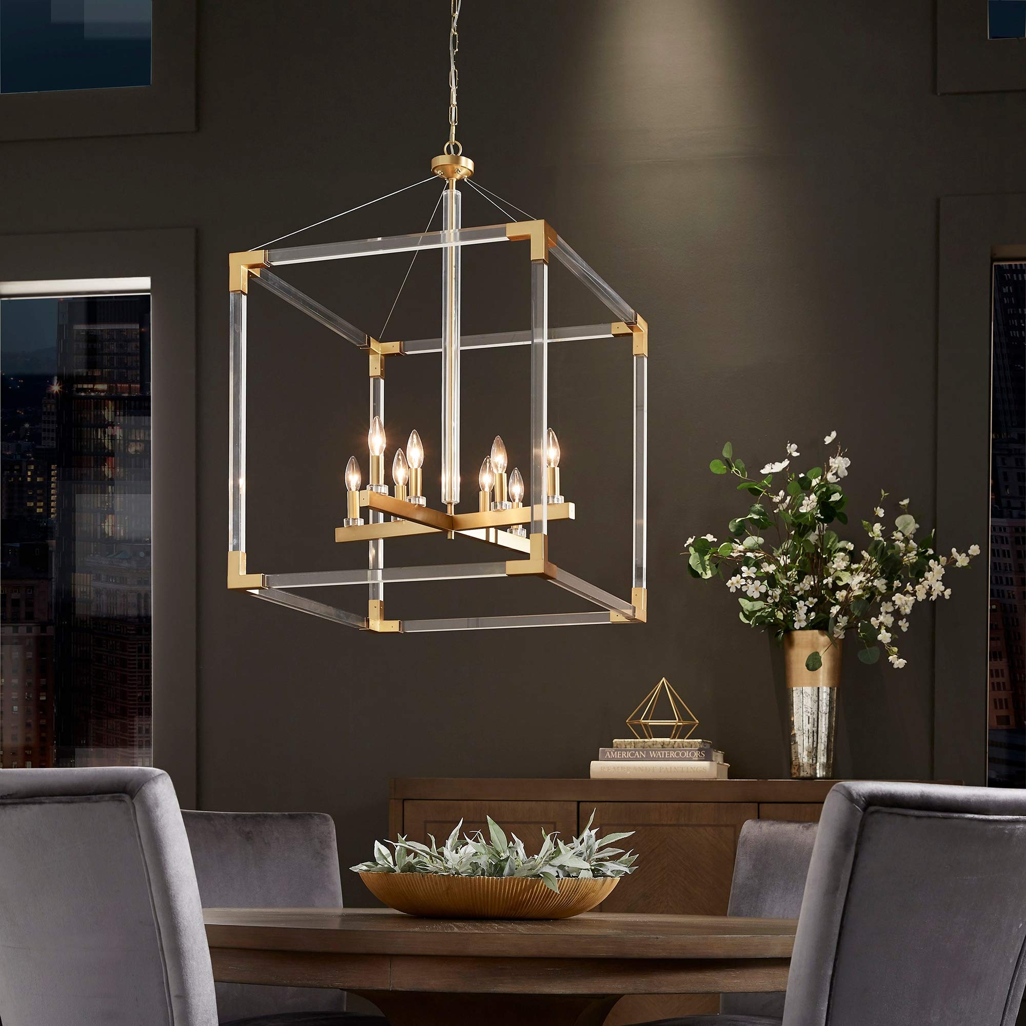 Matte Gold Acrylic Cube Chandelier - Modern Glam Plastic Steel Pendant Light for Dining Room, Living Room & Bedroom Decor