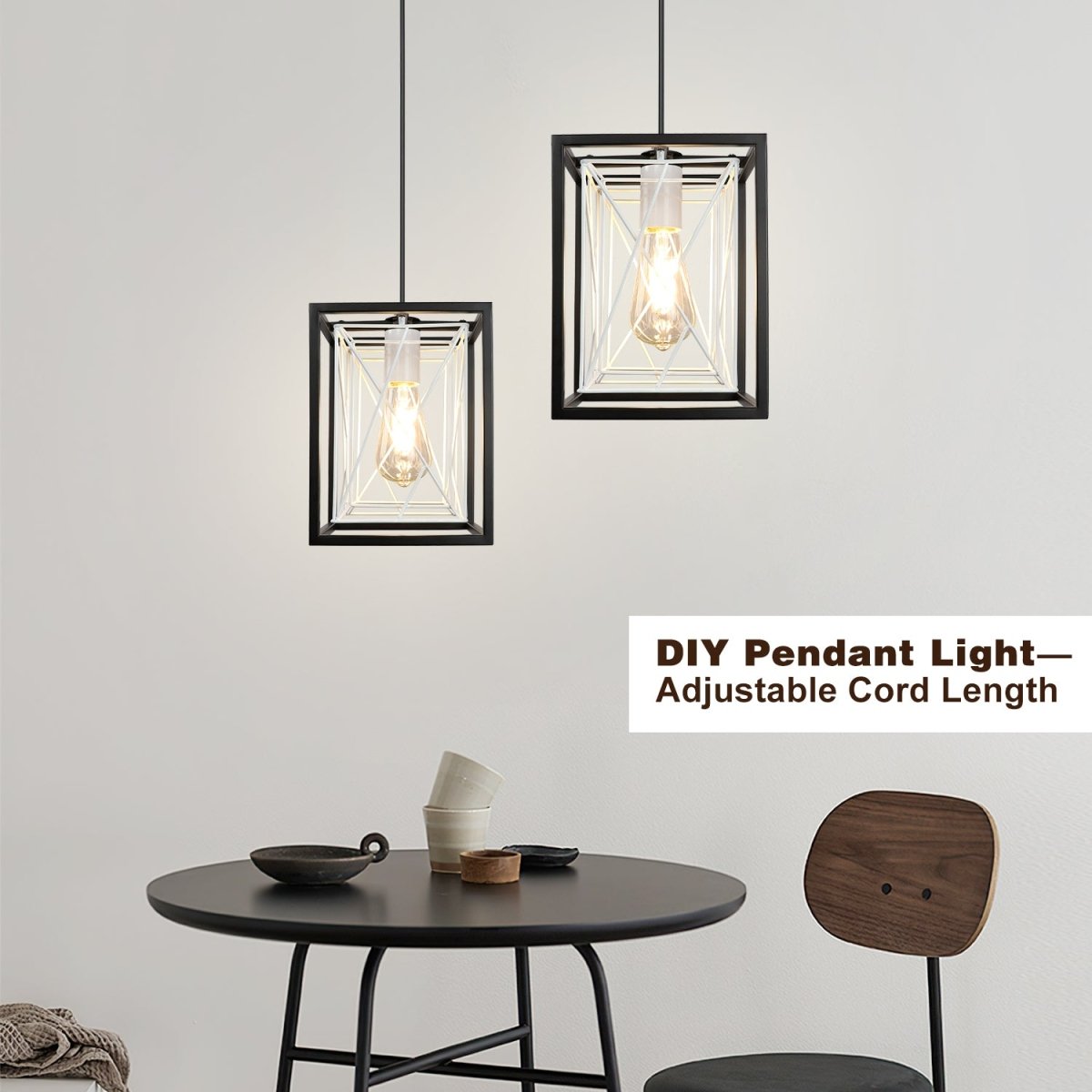Farmhouse Pendant Light - Adjustable Hanging Light Fixture with Metal Rectangle Cage, 1-Light Lantern Chandelier for Kitchen Island, Dining Room, Hallway & Entryway - Black & White, E26 Base - Perfect for Rustic, Industrial & Modern Home Decor