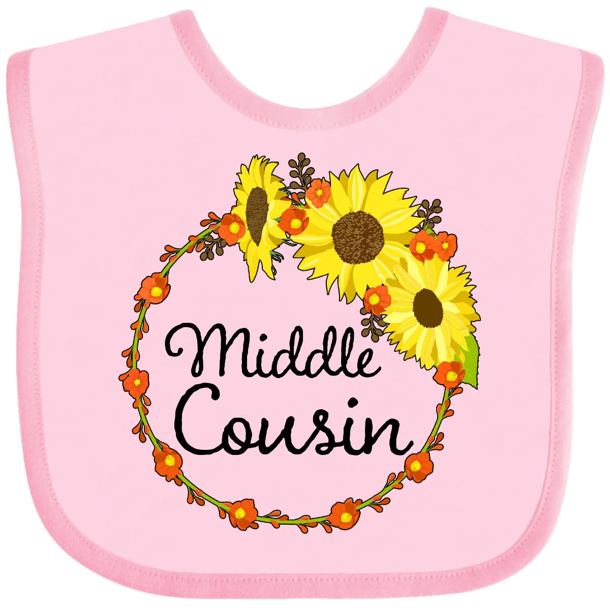 Inktastic Middle Cousin Sunflower Wreath Baby Bib - Soft Cotton Drool Bib for Infants & Toddlers - Perfect for Feeding, Teething, and Everyday Use