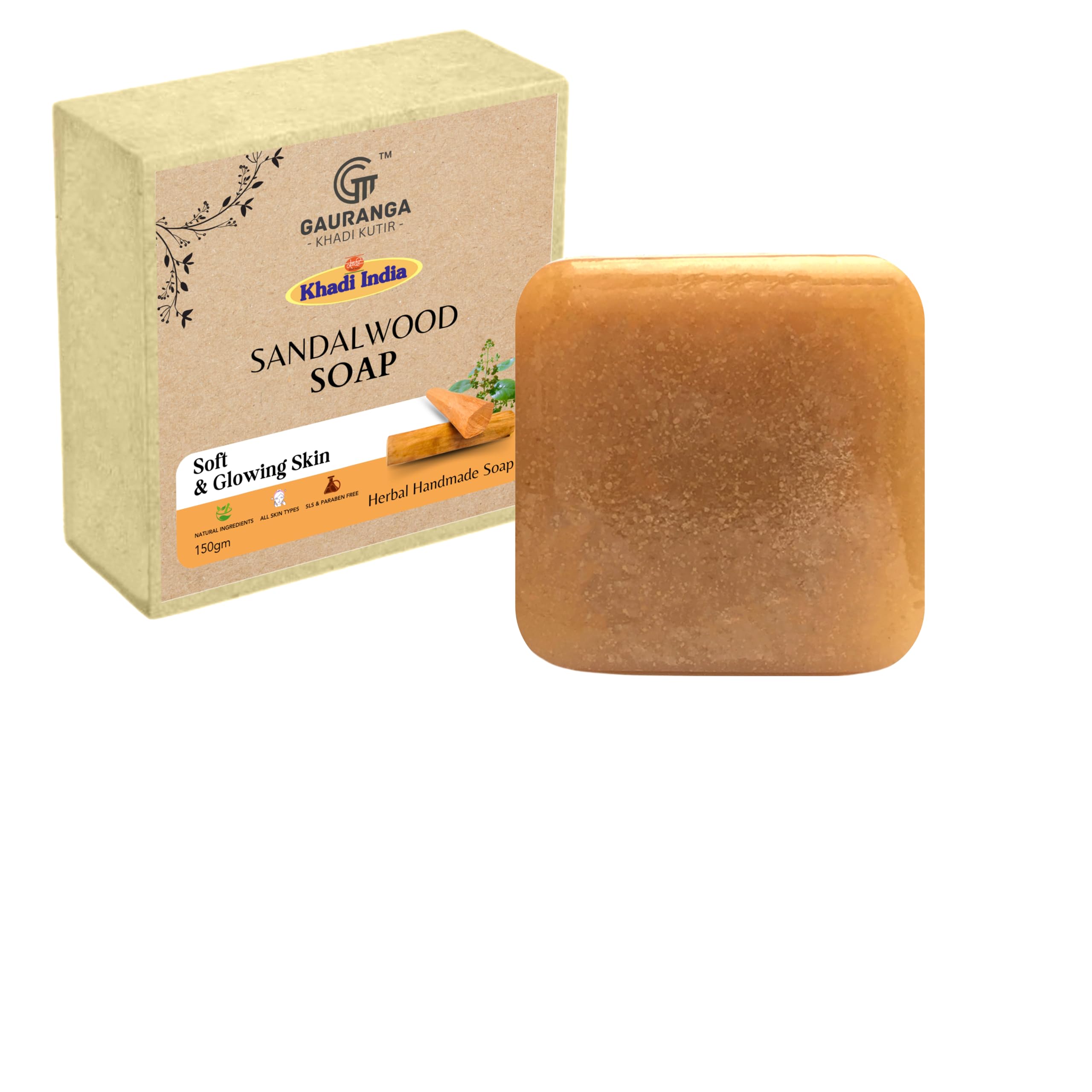 Gauranga Khadi Chandan Soap 150g - Premium Handmade Sandalwood Herbal Soap for Glowing Skin & Hydration | Natural Aroma & Gentle Cleansing | Men & Women Bath Soap with Soothing Fragrance | Perfect for Daily Skincare & Relaxing Bath Time