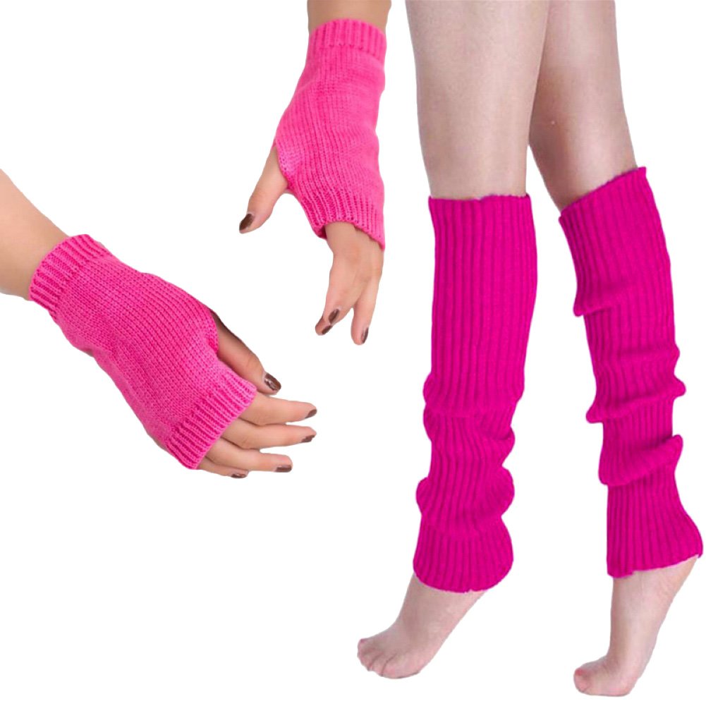 Song Qing Teen 80s Dance Leg Warmers & Gloves Set - Vintage Knit Crochet Ribbed Women's Leg Warmers and Short Gloves for Costume, Dance Performance, Retro Party, and Winter Fashion