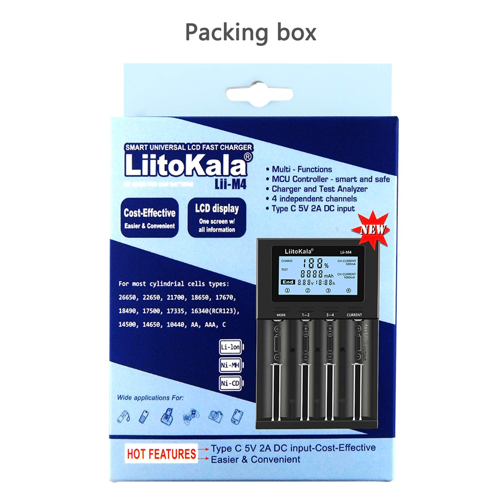 LII-M4 4-Slot Smart Battery Charger with LCD Display - Fast Charging for 18650, 26650, 14500, AA, AAA Lithium & NiMH Rechargeable Batteries - Perfect for Flashlights, Cameras, Toys, and Electronic Devices