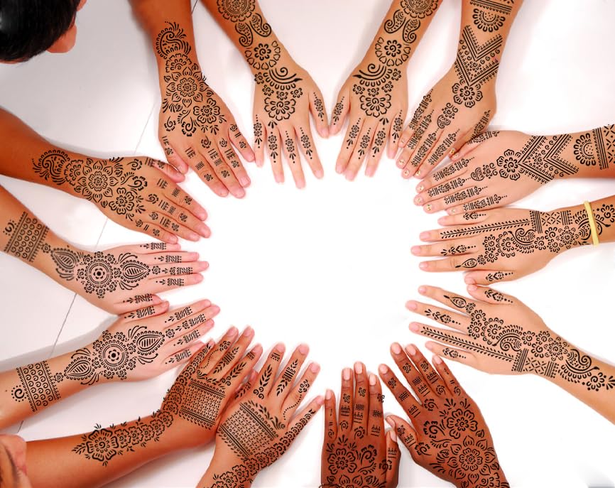 12 Sheets Henna Stencil Kit for Arm & Hand - Temporary Indian & Arabian Tattoo Designs with Glitter - DIY Airbrush Tattoo Stickers for Parties, Weddings & Festivals
