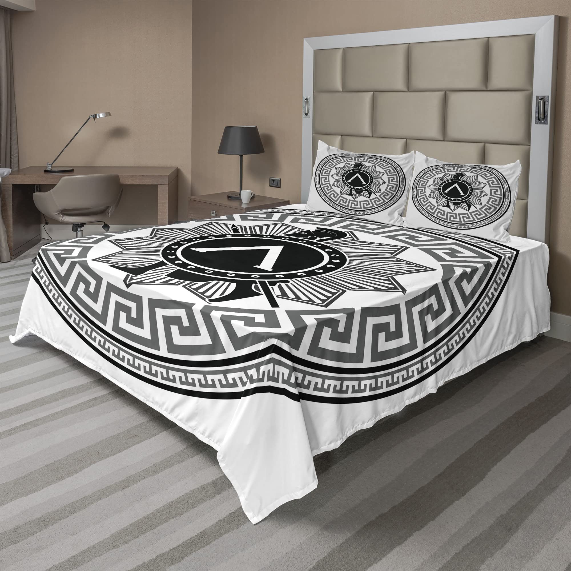 Ambesonne Retro Greek Spartan Silhouette Bed Sheet Set - 4 Piece King Size with Fitted Sheet, Flat Sheet & Pillowcases - Grey Black White Vintage Design - Perfect for Guest Rooms, Dorm Decor or Themed Bedroom Makeover