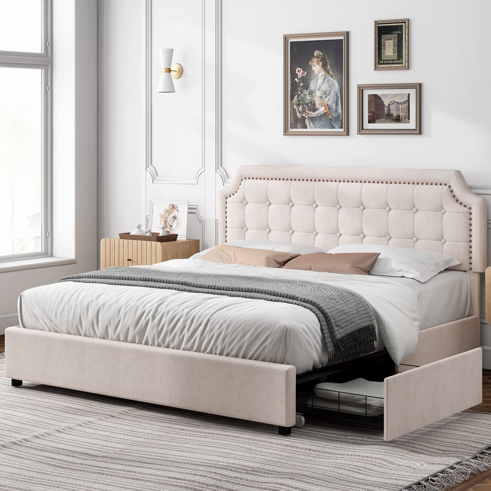 Velvet Upholstered Platform Storage Bed Frame with 4 Drawers - Curved Button Tufted Headboard with Nailhead Trim, Solid Wood Slat Support, No Box Spring Needed (Beige) | Modern Bedroom Furniture for Small Spaces & Guest Rooms