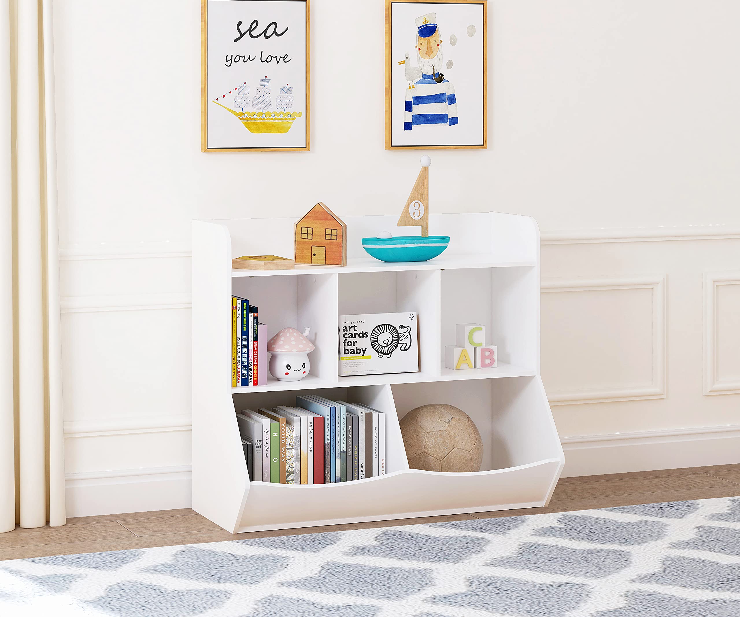 UTEX Kids Toy Storage Organizer with Bookcase - 6-Shelf Cubby Organizer for Books, Toys & Games - Perfect for Playroom, Bedroom & Nursery - White (Space-Saving Kids Furniture)