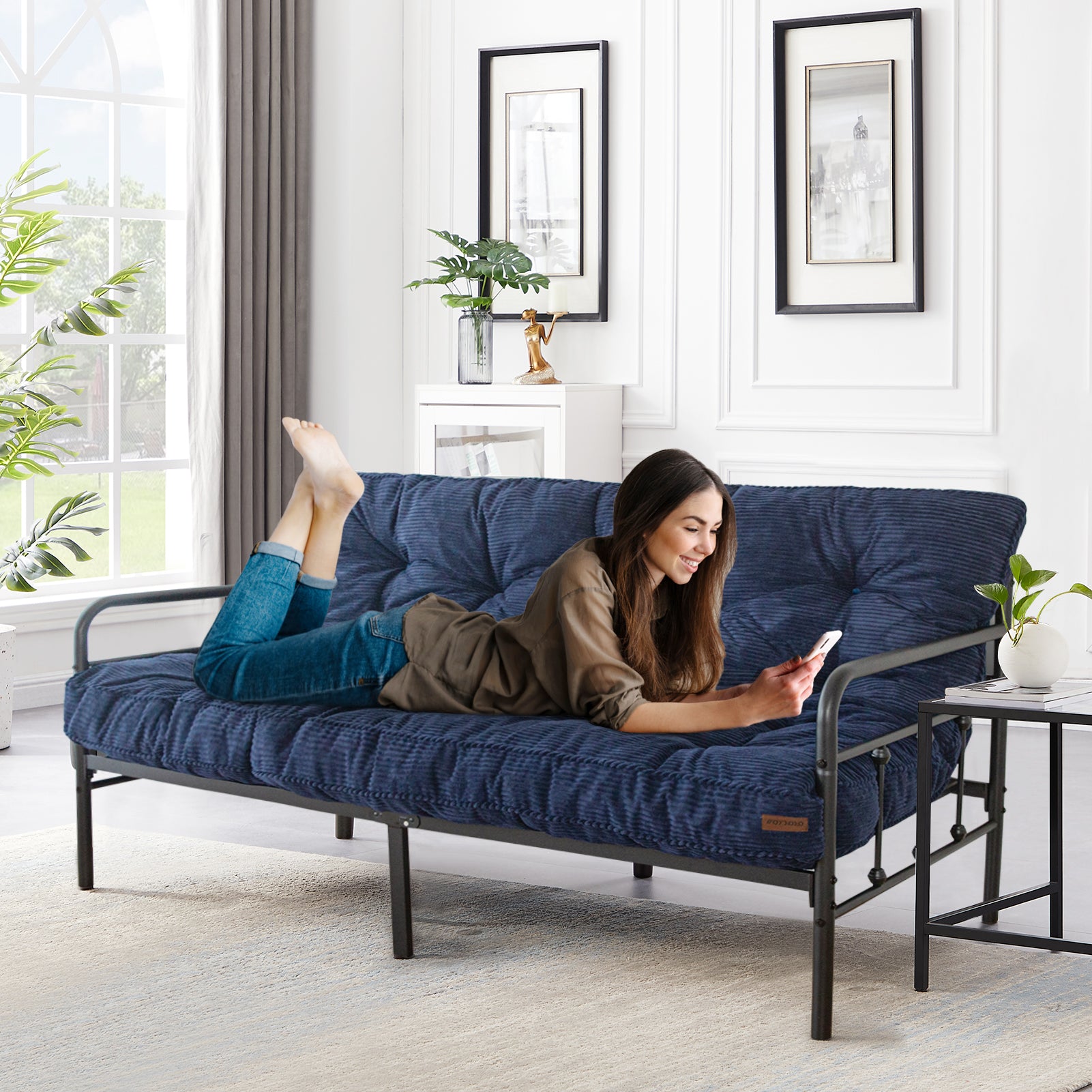 MAXYOYO 6-Inch Tufted Futon Sofa Bed - Thick Corduroy Fabric Floor Mattress for Adults (Mattress Only) Navy Blue - Perfect for Small Spaces, Guest Rooms & Dorm Rooms