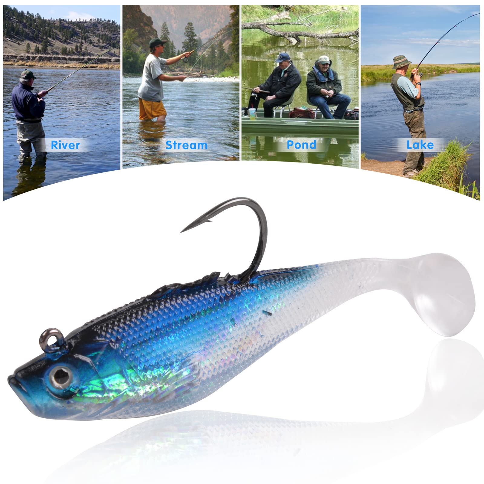 Pre-Rigged Jig Head Soft Fishing Lures with Paddle Tail Swimbaits - Bass, Trout, Pike, Walleye, Crappie Fishing Bait for Freshwater & Saltwater - Perfect for Shore Fishing, Boat Fishing, and Ice Fishing Adventures