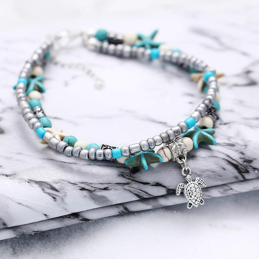 Boho Turquoise Glass Beaded Anklet Bracelet for Women - Handmade Adjustable Ankle Chain Jewelry | Perfect for Beach, Festival, Summer Outfits & Boho Style Accessories | X1805