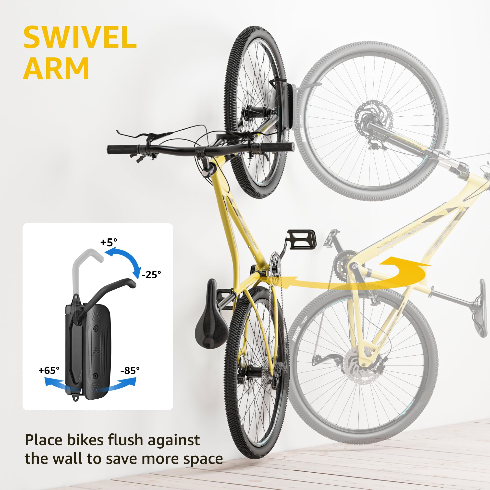 monTEK Swivel Bike Wall Mount - Heavy Duty Vertical Bike Rack for Garage Storage (Holds 66lbs, 4 Pack) - Space Saving Solution for Bikes, Scooters & Sports Equipment - Perfect for Small Apartments, Garages & Indoor Cycling Spaces