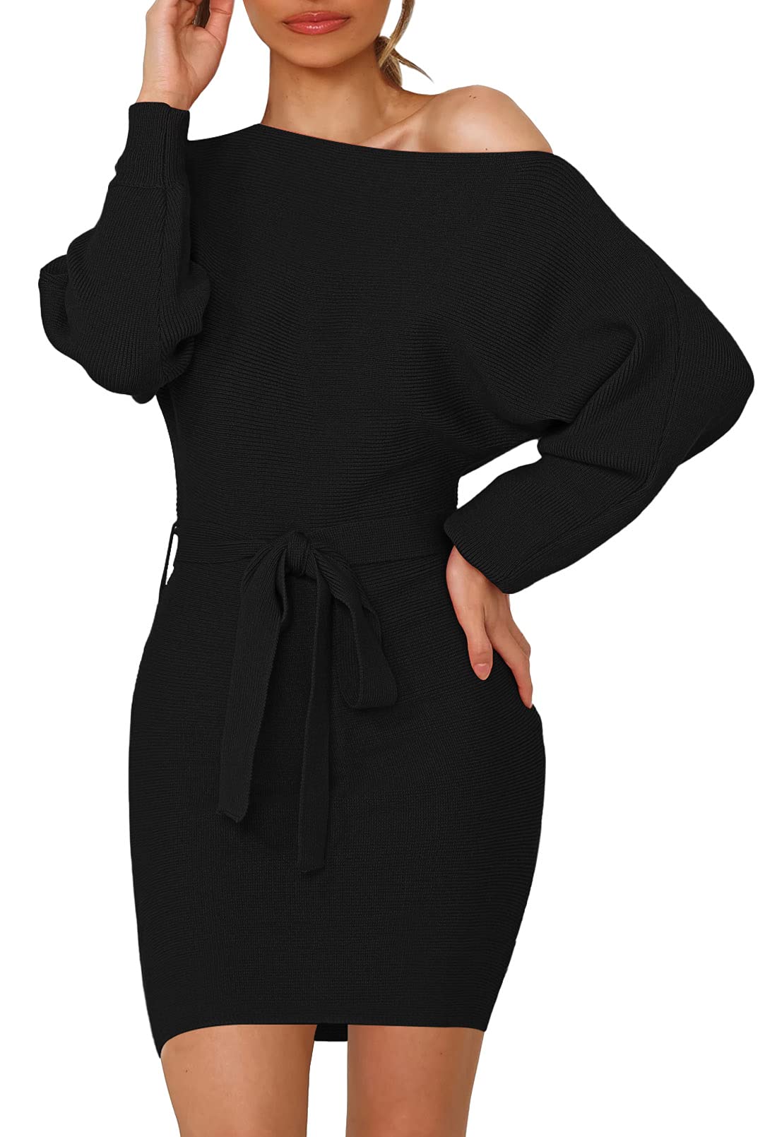 Linsery Women's Winter One Shoulder Thick Knitted Bodycon Mini Sweater Dress with Belt - Perfect for Holiday Parties, Date Nights & Casual Outfits