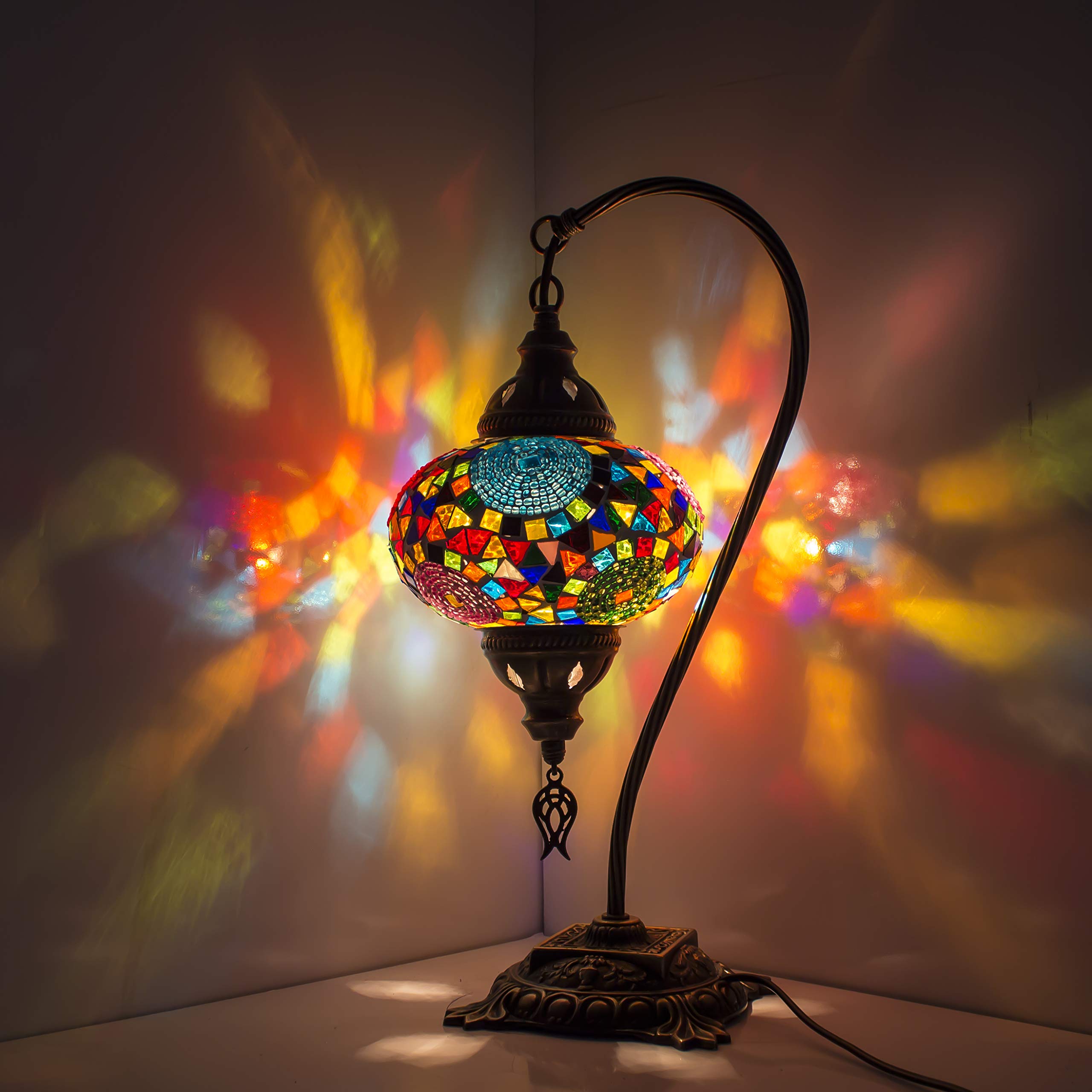 Handmade Turkish Mosaic Table Lamp - 20 Styles Moroccan Decorative Lighting with Swan Neck Design - Stained Glass Rustic Lamp with Included LED Bulb - Perfect for Living Room, Bedroom & Boho Home Decor