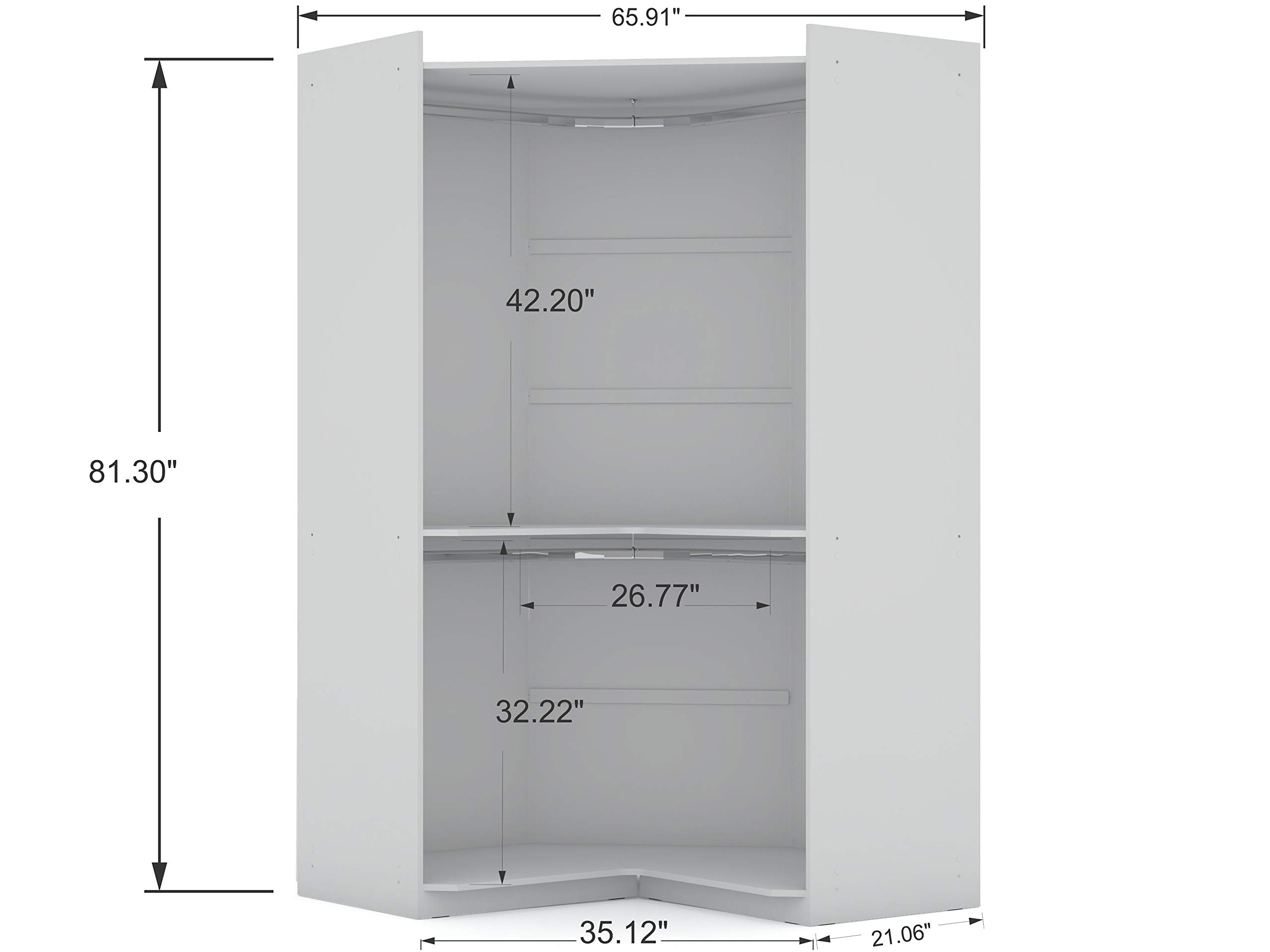Modern White Free Standing Corner Wardrobe Closet with Rounded Hanging Rods & Open Shelves - Space-Saving Storage Solution for Bedroom, Living Room or Office - Manhattan Comfort Mulberry Collection