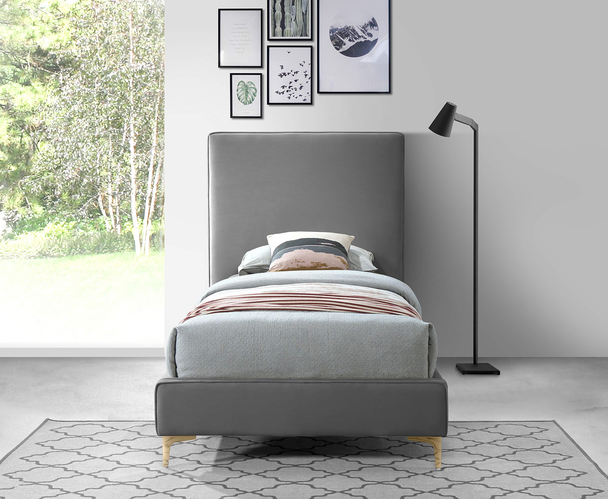 Modern Velvet Upholstered Twin Bed with Gold/Chrome Finish - Geri Collection by Meridian Furniture | Luxury Bedroom Decor for Contemporary Homes & Guest Rooms