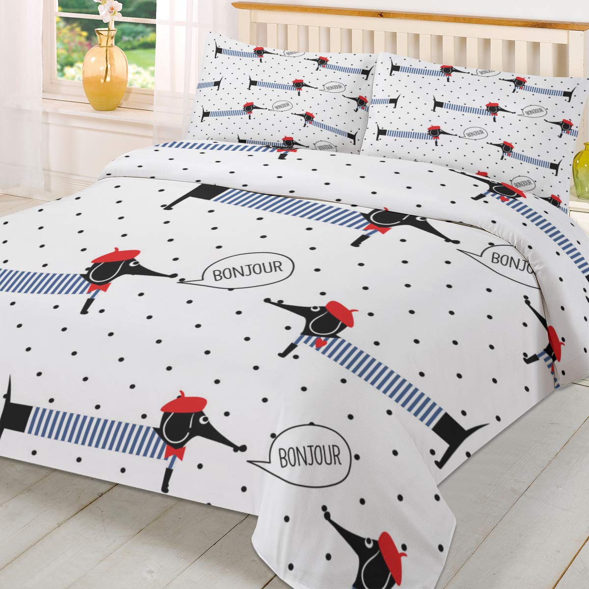 ArneCase 3-Piece Full Size Dog Pattern Duvet Cover Set - Dachshund Striped Design with Red Hat & Polka Dot Waves, Includes Quilt Cover + 2 Pillowcases | Cozy Warm Bedding Collection for Pet Lovers' Bedroom Decor