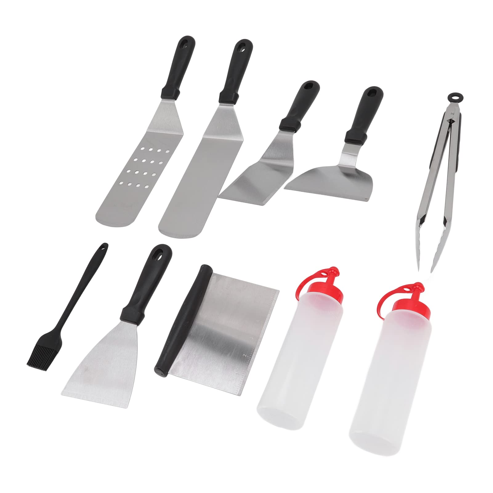DUSC Griddle Scraper Tool - 6-Piece Camping Spatula Set with Stainless Steel Scrapers, Brush & Bottle Tongs - Heavy Duty BBQ Tools for Outdoor Cooking, Camping & Backyard Grilling