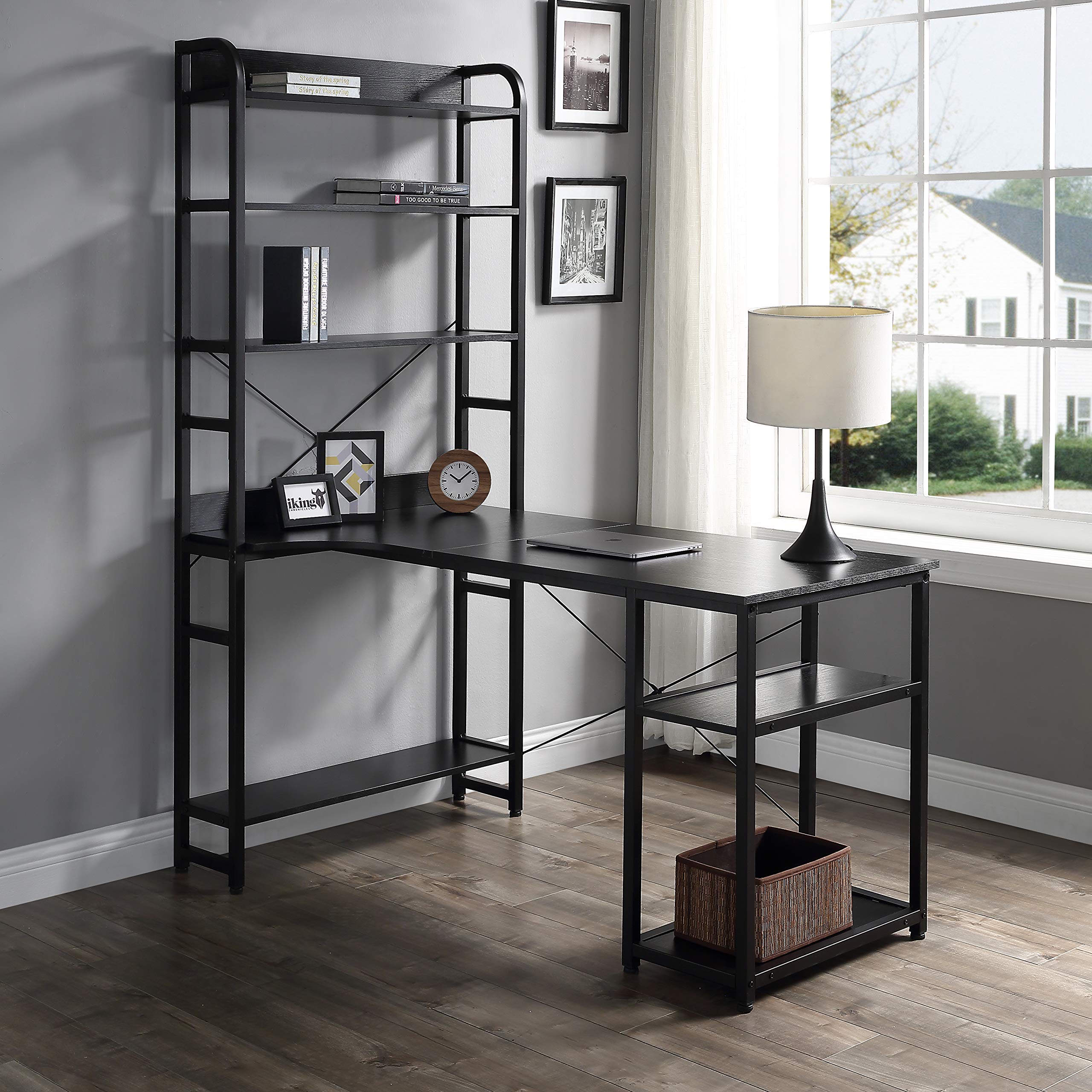 Binrrio Large Black Home Office Computer Desk - Gaming Desk with 4-Tier Open Bookshelf, Study Workstation & Laptop Table for Writing, Working & Gaming - Perfect for Home Office, Gaming Setup & Study Room