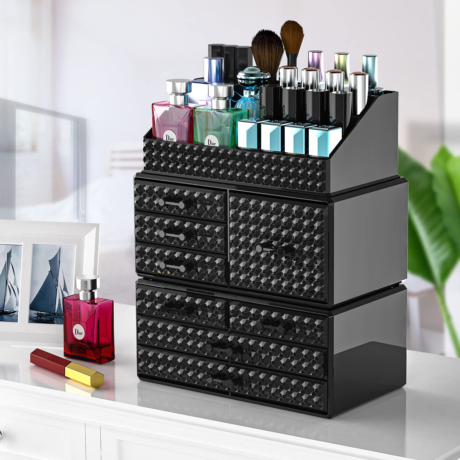 3 Pack Stackable Acrylic Makeup Organizer with 8 Drawers - Upgraded Cosmetic Storage Case for Brushes, Perfumes & Jewelry - Perfect for Vanity, Bathroom Countertop & Bedroom Organization (Plus Size)