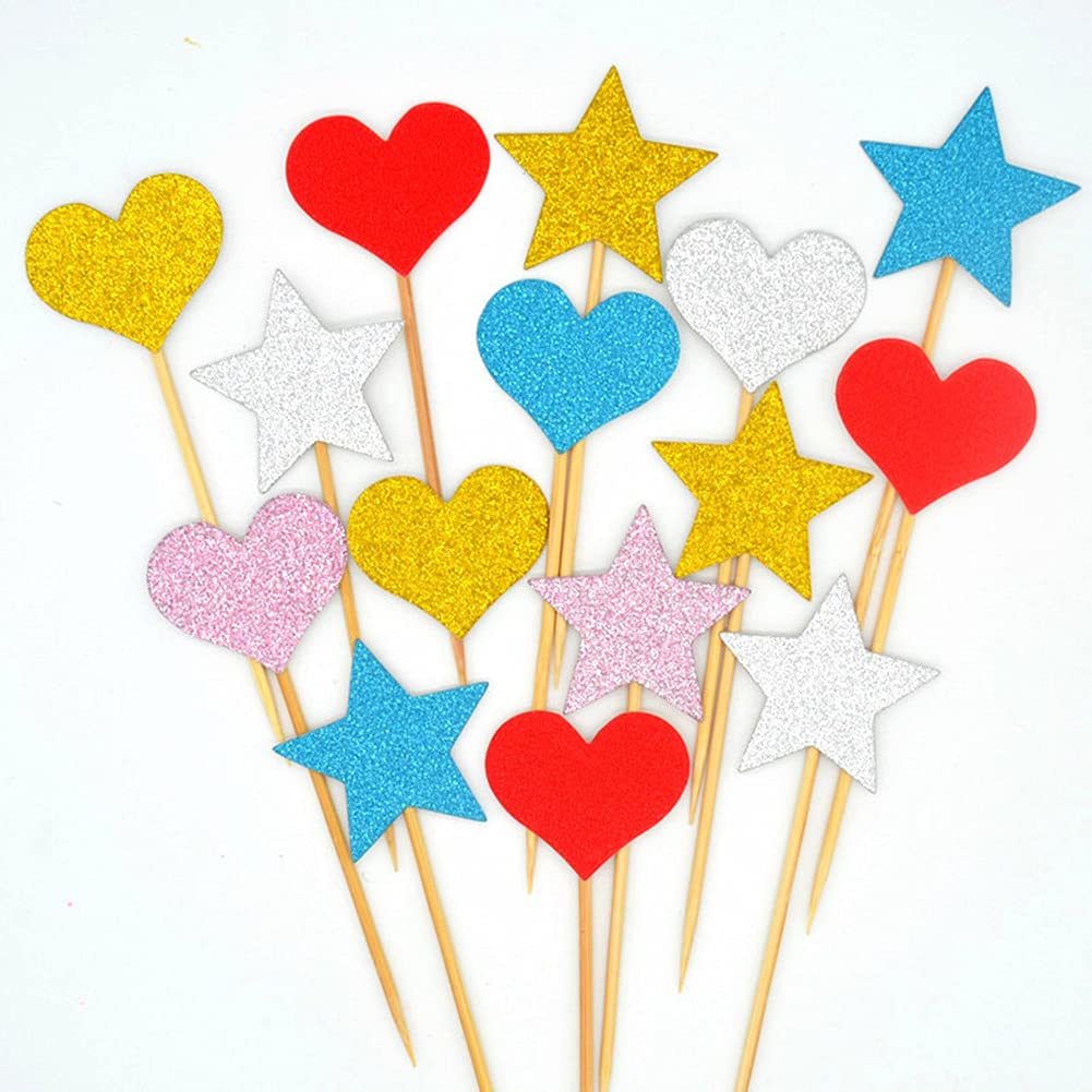 50 Pcs Colorful Glitter Cupcake Toppers - Stars & Hearts Cake Decorations for Birthday, Wedding, Baby Shower & Baking Parties | Edible Toothpick Cupcake Decor for DIY Desserts & Celebration Cakes