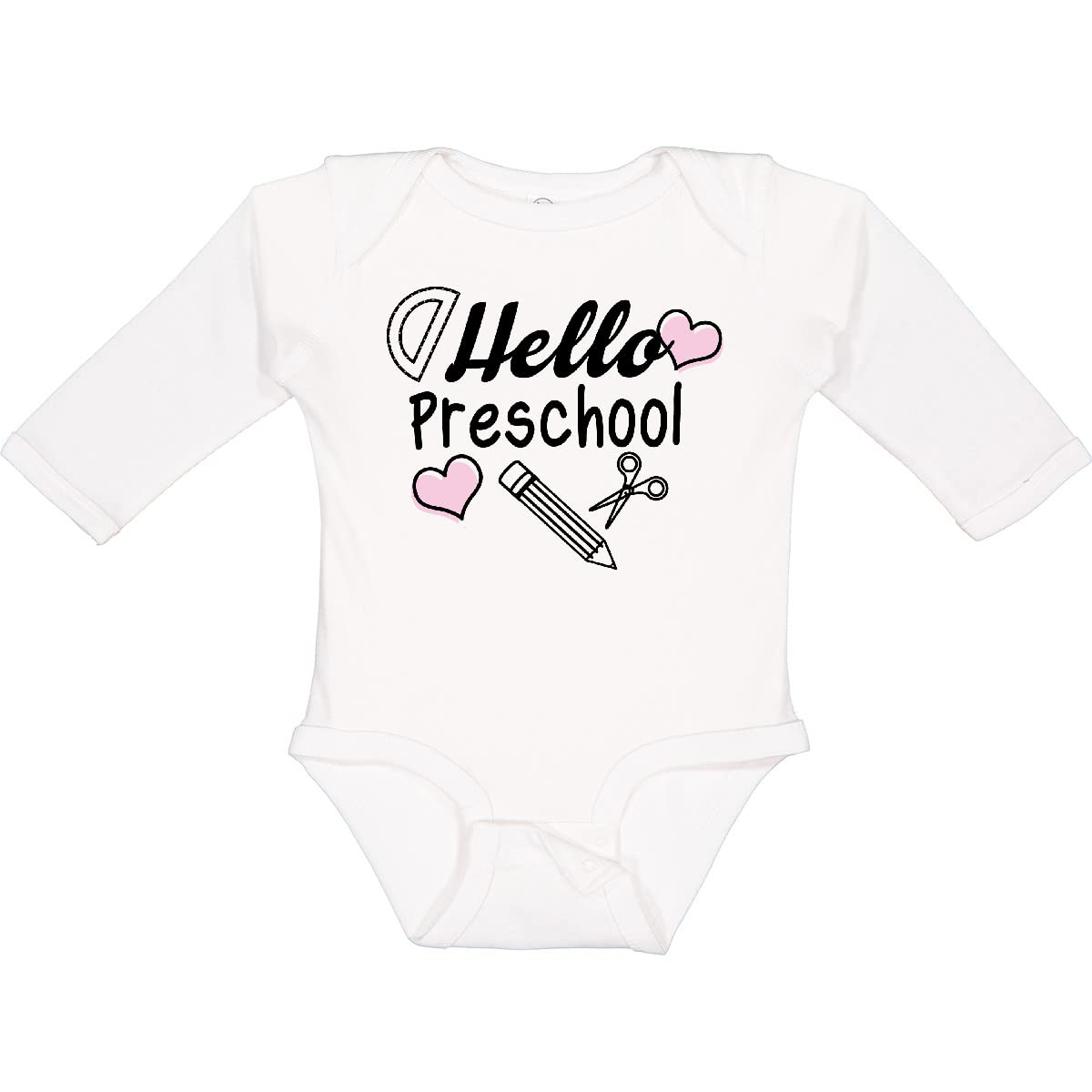 Inktastic Hello Preschool with Hearts and School Supplies Long Sleeve Creeper - Adorable Baby Bodysuit for Daycare, First Day of School & Photo Shoots