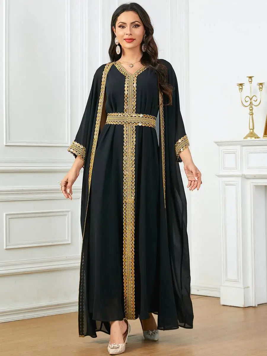 Elegant Eid Chiffon 2-Piece Caftan Dress Set with Sleeveless Inner Dress - Perfect for Muslim Women's Holiday Celebrations, Special Occasions & Summer Outfits